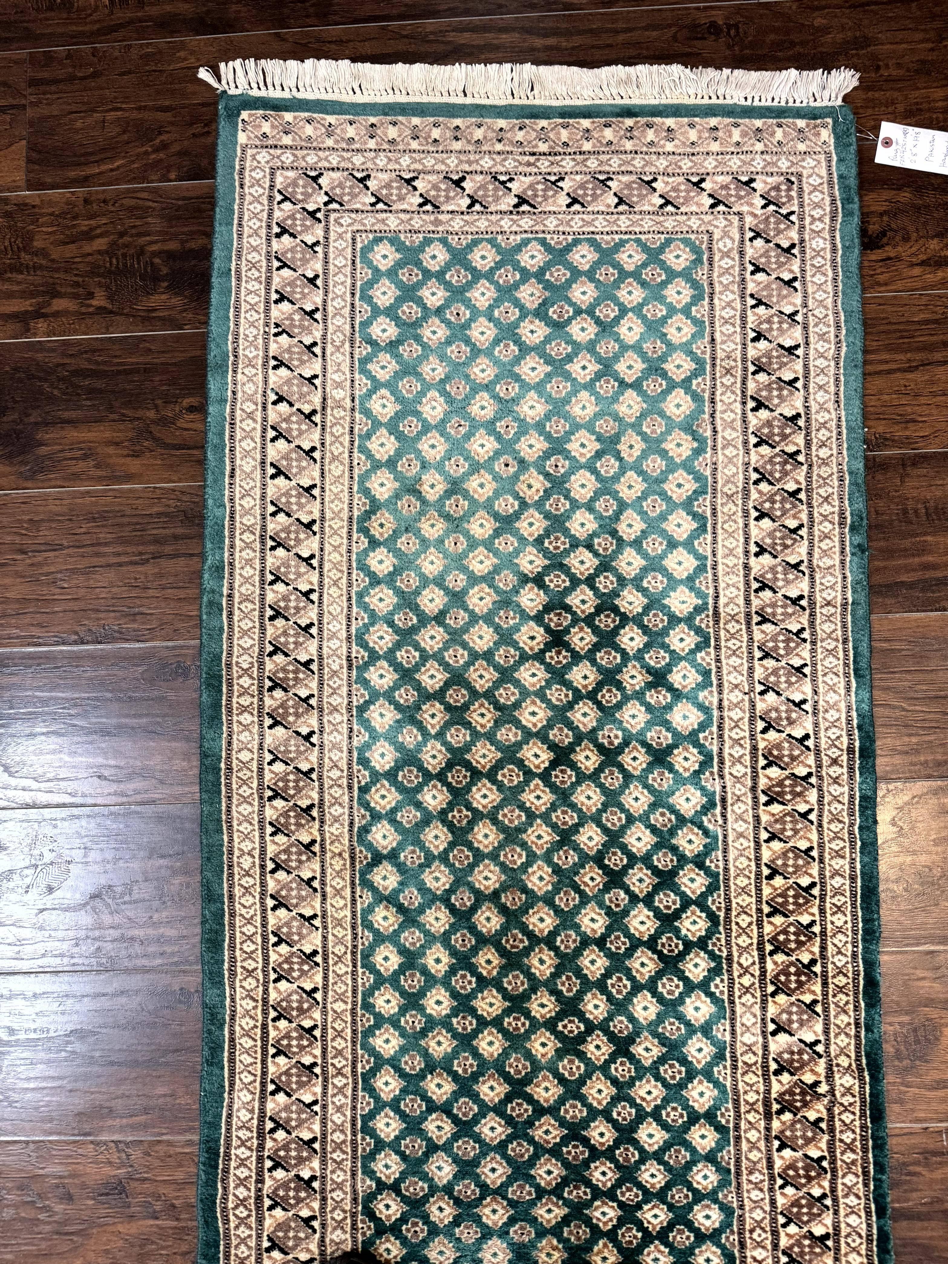 Long Pakistani Runner Rug 2.8 x 20, Hand Knotted Vintage Wool Hallway Rug, Turkoman Rug, Teal and Tan, Handmade Vintage Wool Runner - Jewel Rugs