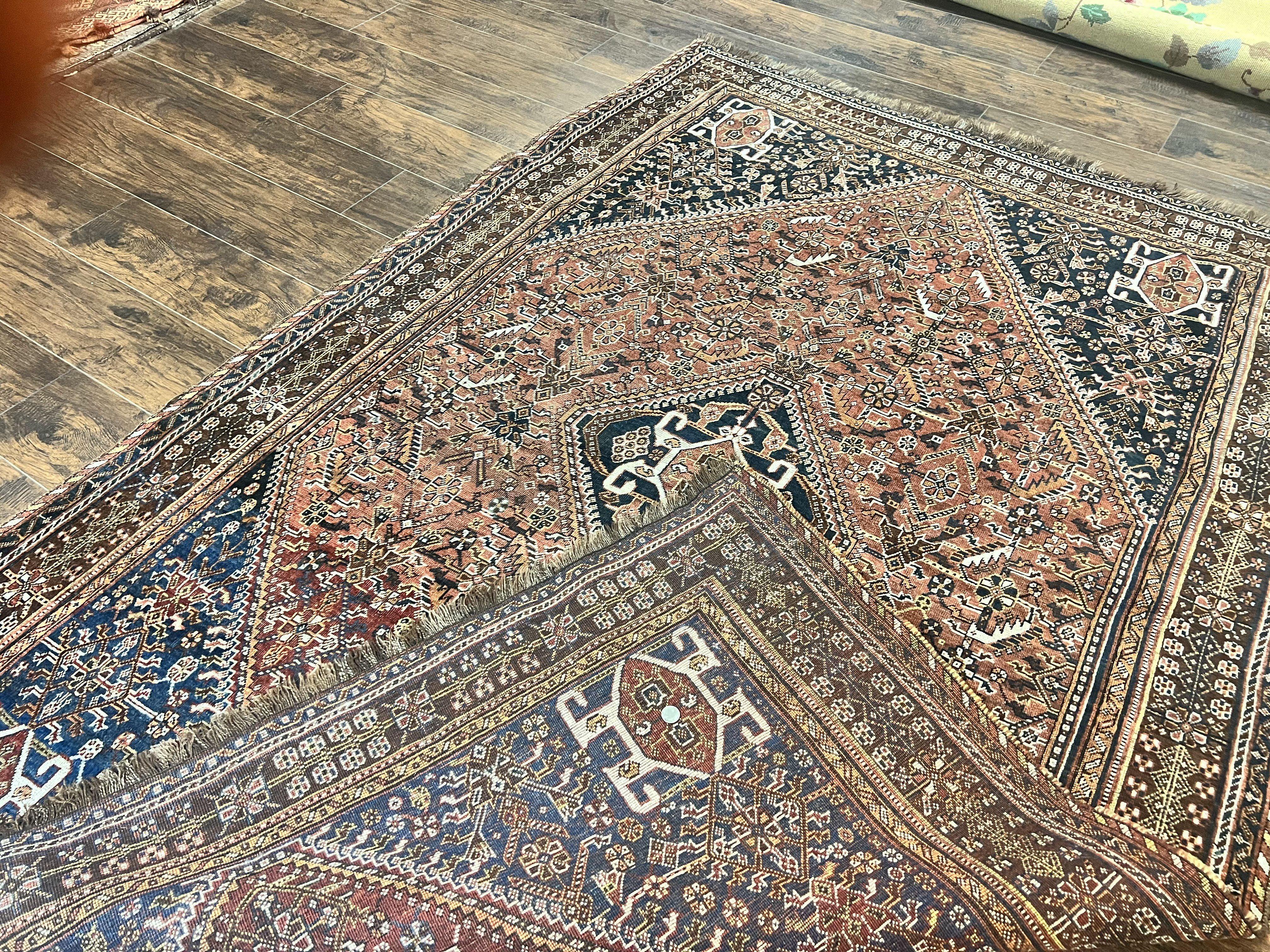 Antique Persian Shiraz Tribal Rug 6x8, Geometric Rug, Wool Handmade Hand Knotted Carpet, Red Blue - Jewel Rugs