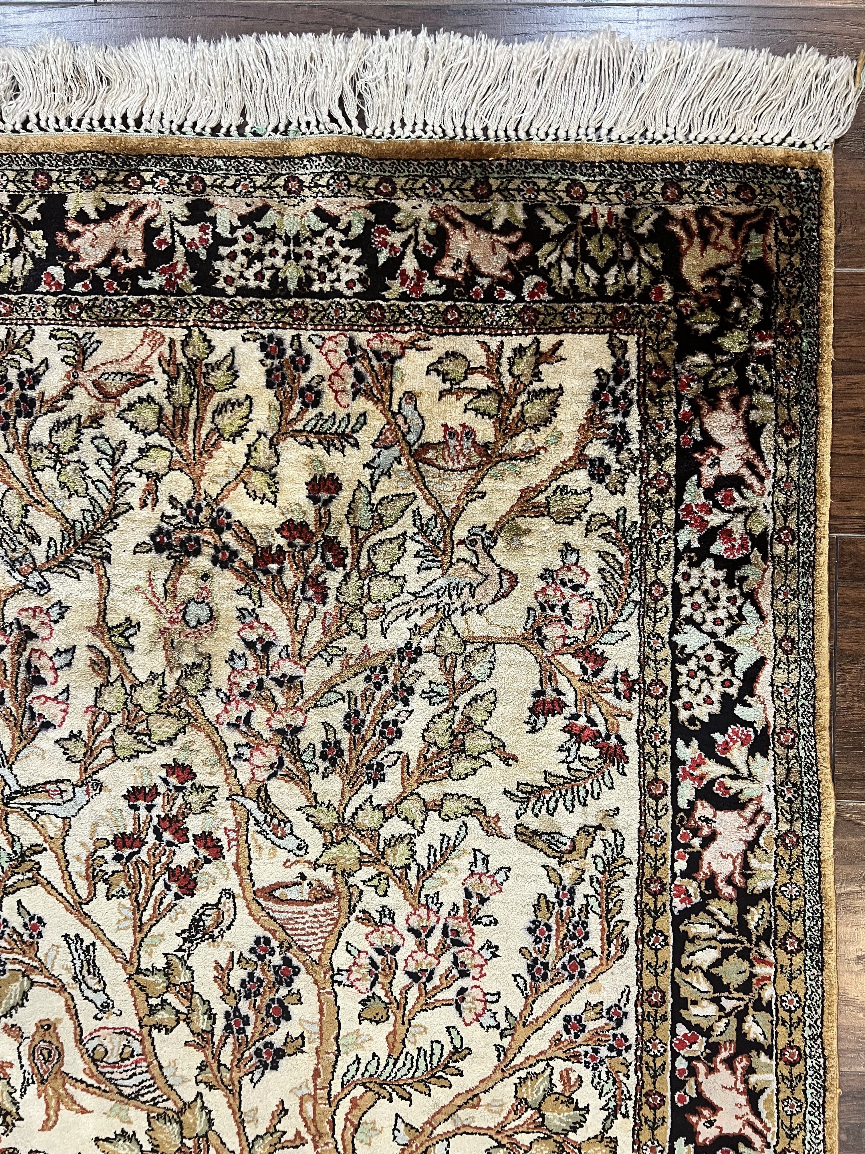 Silk Tree of Life Persian Qum Rug 3x4, Hand Knotted Vintage Carpet, Cream & Black, Very Fine Oriental Rug, Animal Pictorials, Birds - Jewel Rugs
