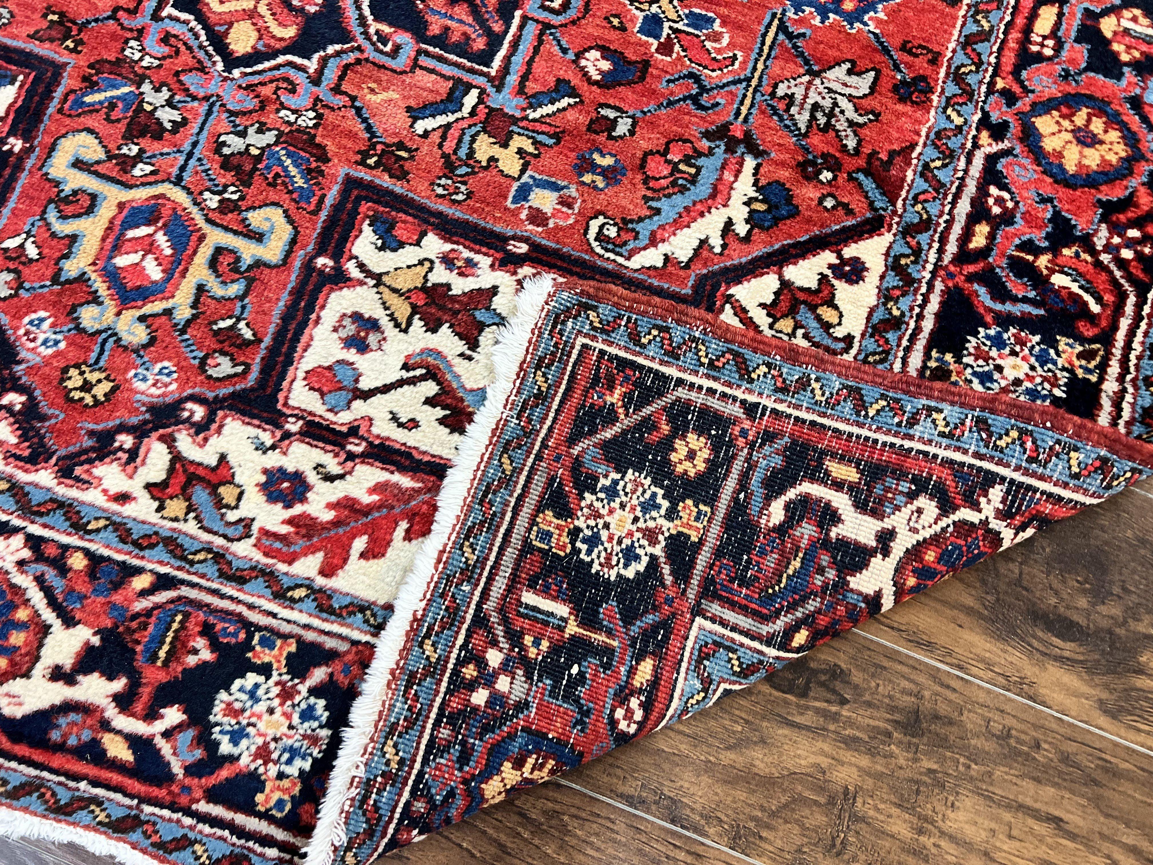 Persian Heriz Square Rug 6x6, Wool Hand Knotted Antique Carpet, Red Ivory & Navy Blue, Geometric Design Oriental Rug 6ft Square Handmade Rug - Jewel Rugs