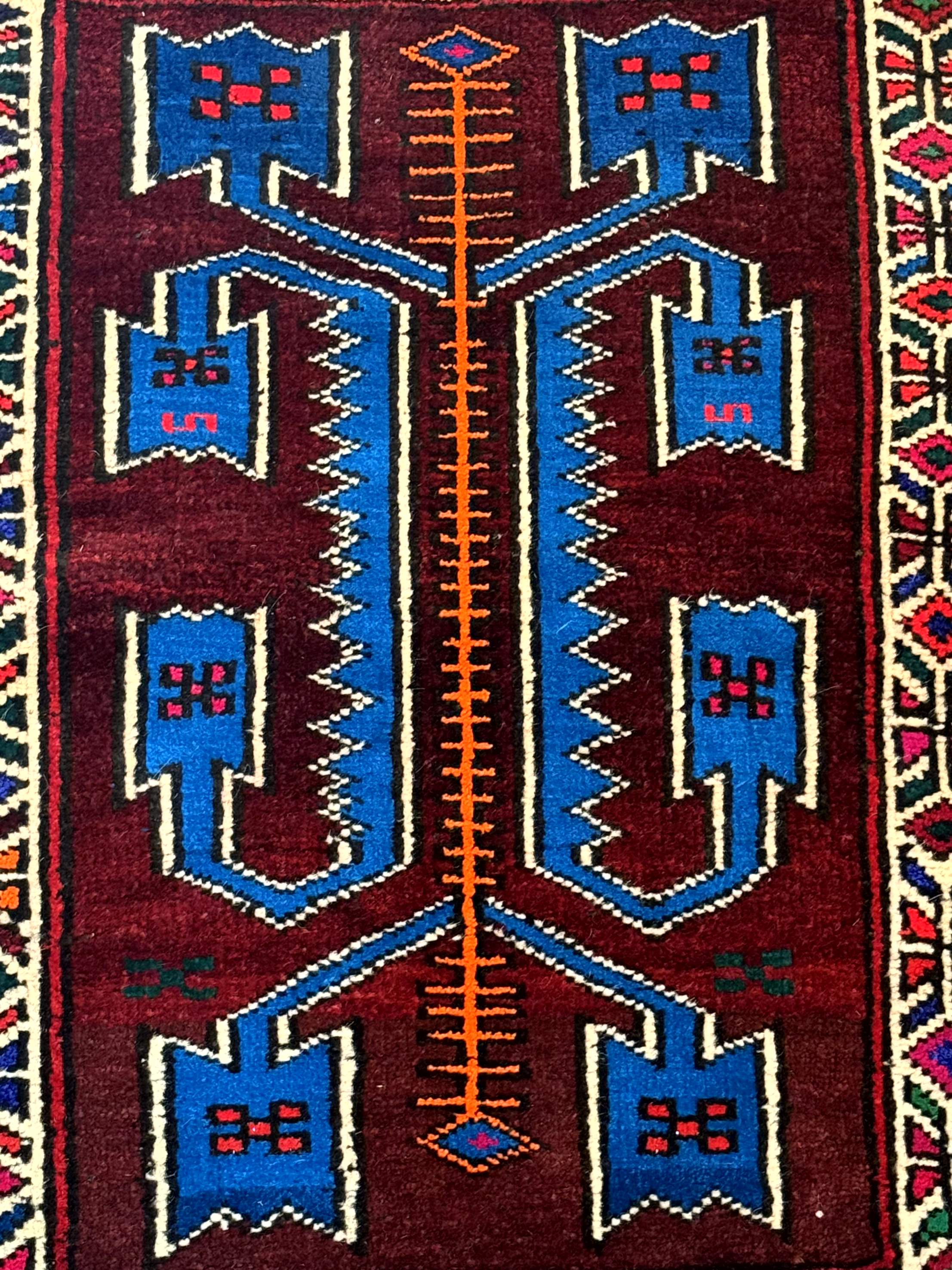 Persian Tribal Rug 1.8 x 2, Small Balouchi Rug, Unique Design, Burgundy and Blue - Jewel Rugs
