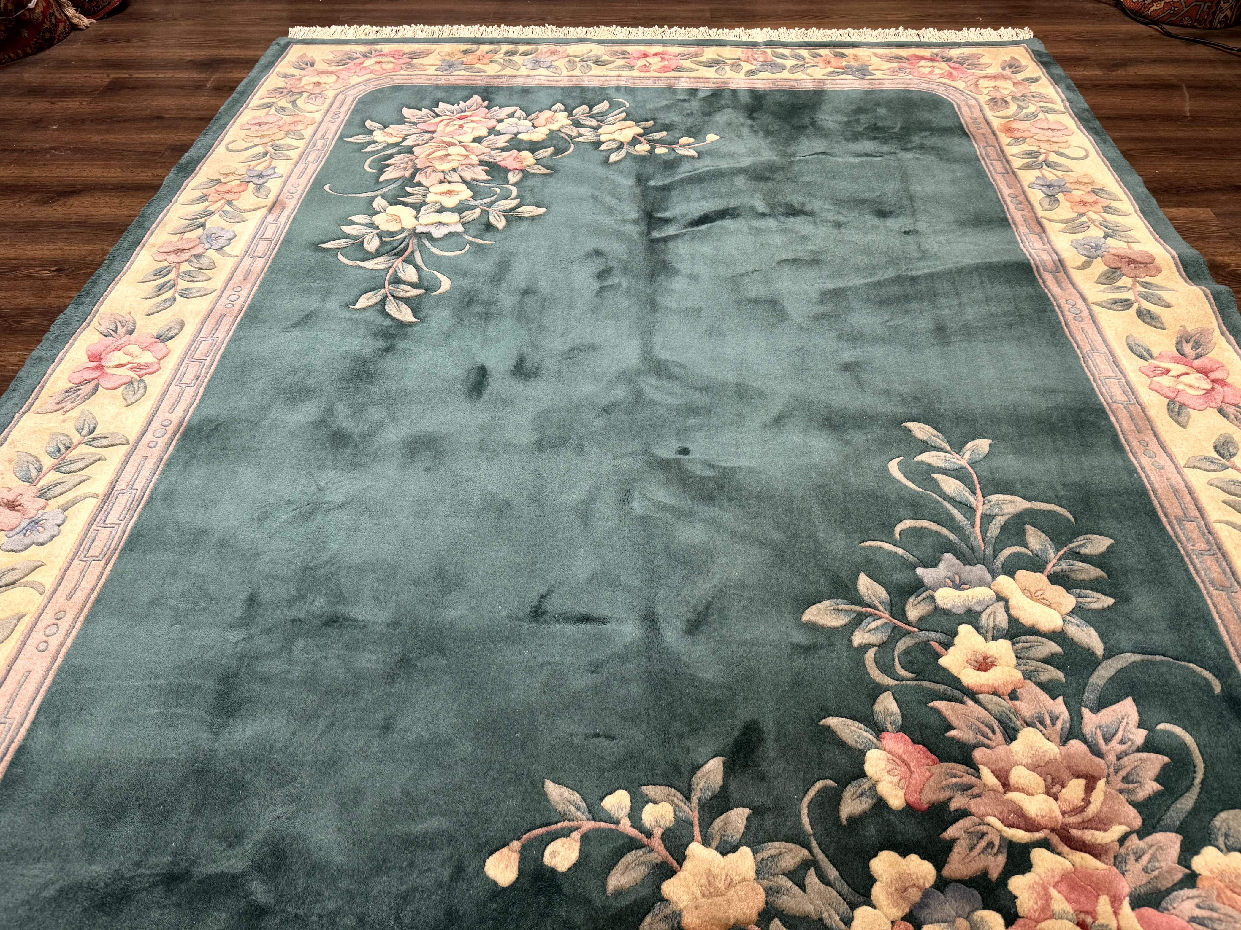 Chinese 90 Line Rug 8x11 ft – Teal and Beige, Hand-Knotted Wool, Aubusson Vintage Carpet - Jewel Rugs