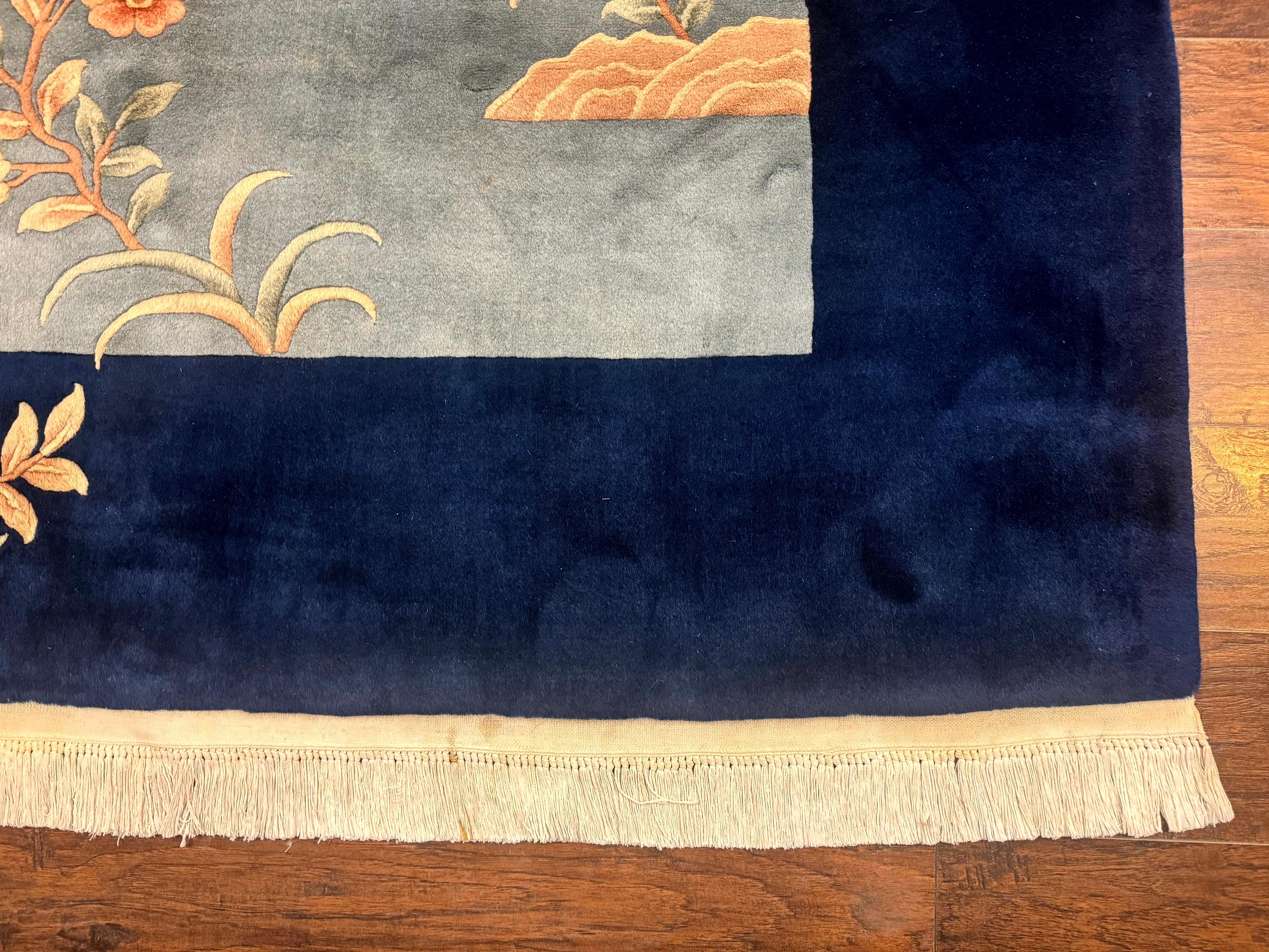 Blue Chinese Wool Rug 8 x 11.5, Open Field, Simple Design, Flowers, 90 Line Rug, Vintage Art Deco Carpet, Asian Oriental Rug - Jewel Rugs