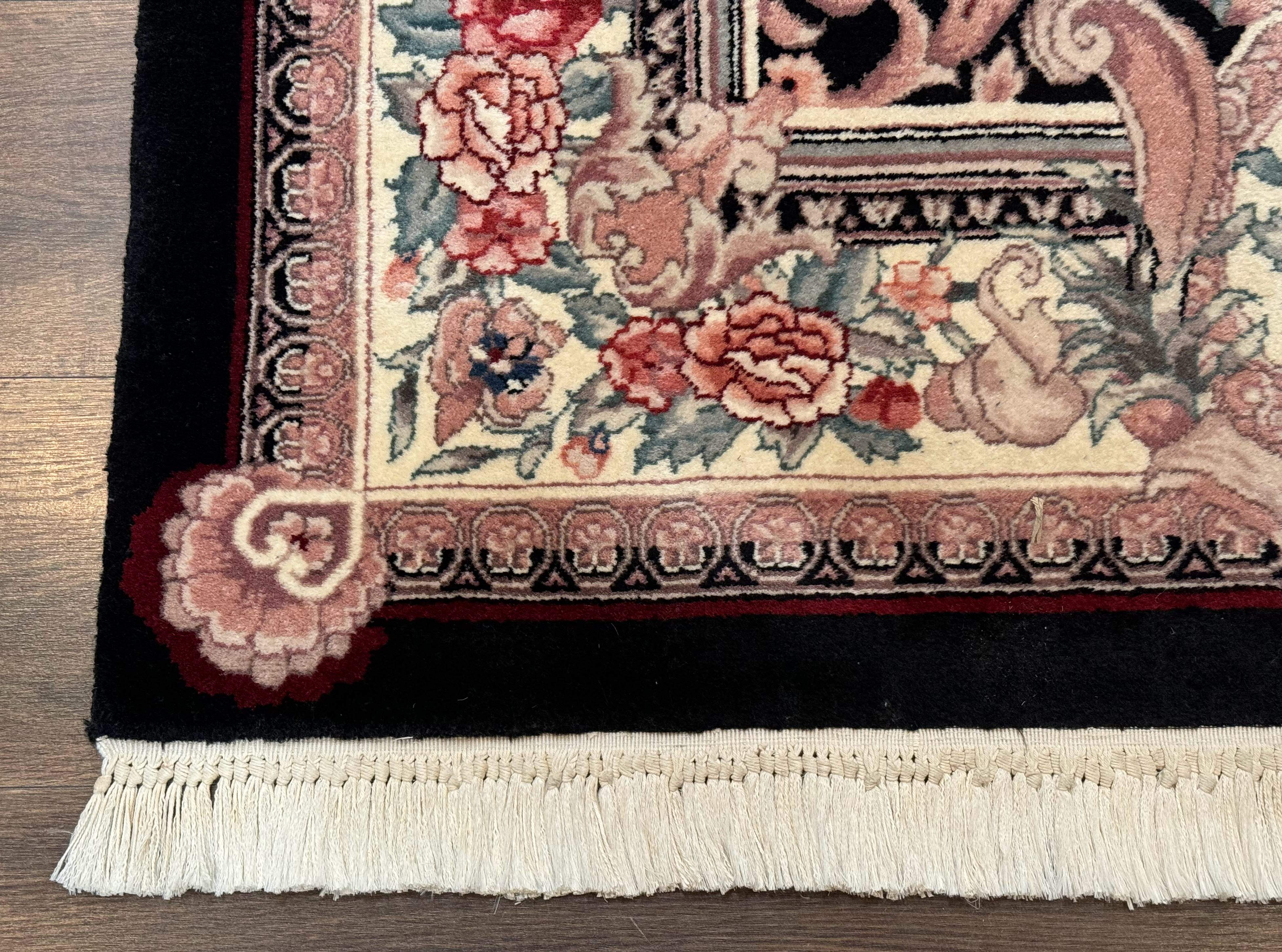 Aubusson Rug 4x6, Elegant European Floral Design, Black and Ivory, Fine 200 KPSI - Jewel Rugs
