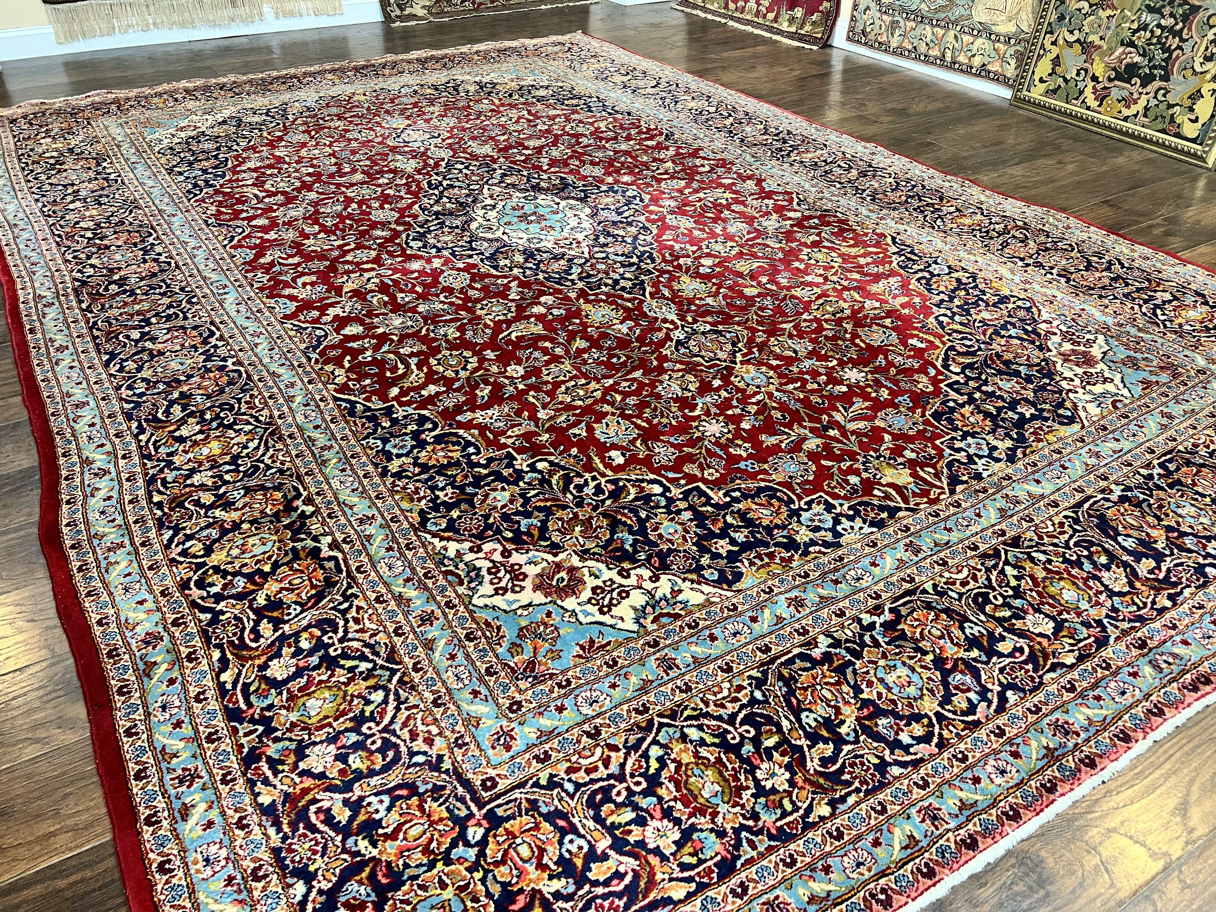 Persian Kashan Rug 10x14, Wool Hand Knotted Vintage Carpet, Red & Navy Blue Floral Allover Rug, Traditional Oriental Rug 10 x 14, Semi Antique - Jewel Rugs