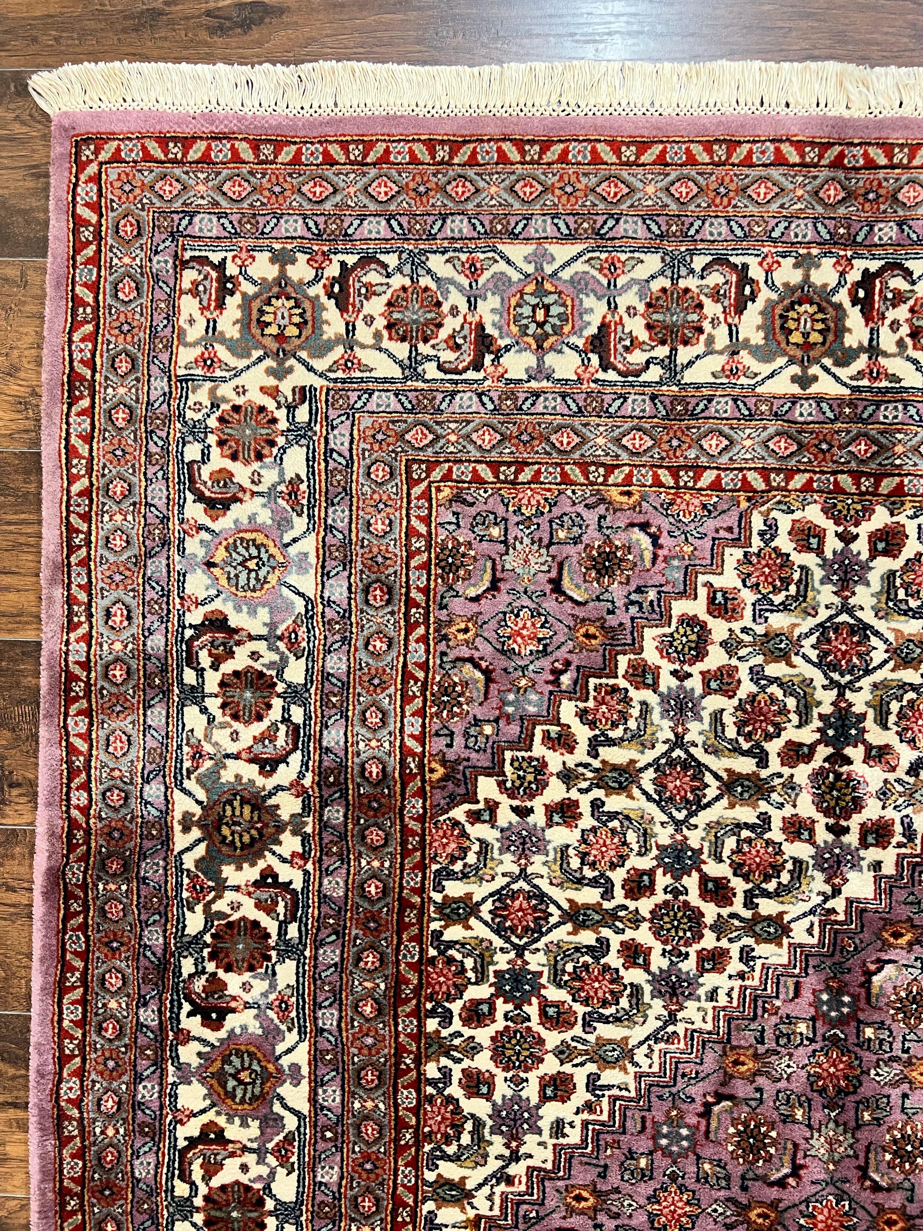 Indo Persian Bidjar Rug 8x10, Purple and Ivory Hand Knotted Wool Vintage Oriental Carpet, Herati Mahi Pattern, 8 x 10 Traditional Fine Rug - Jewel Rugs