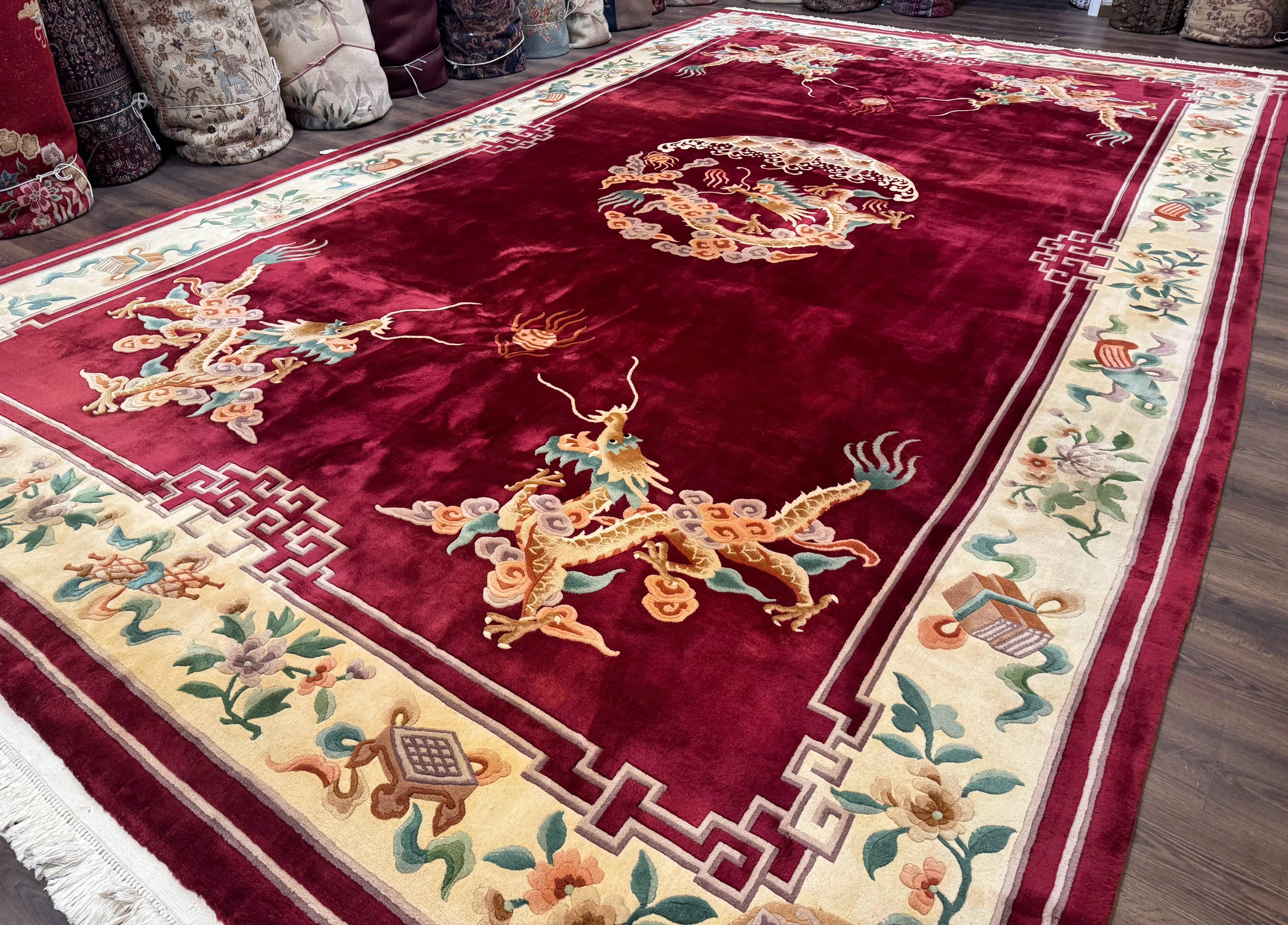 Large Chinese Wool Rug with Dragons 11x18, Palace Size Vintage Handmade Art Deco Carpet, Red and Cream - Jewel Rugs