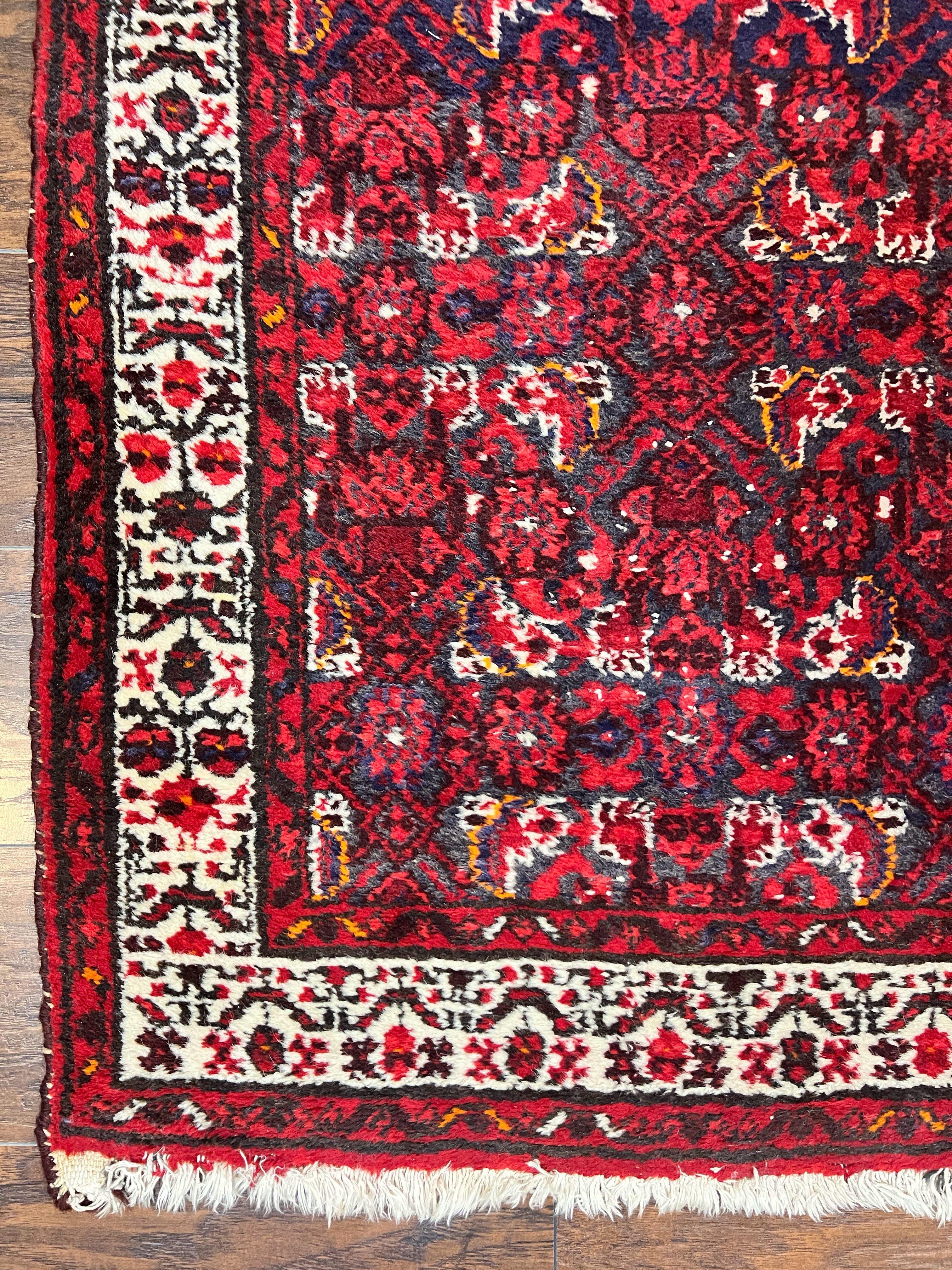 Persian Tribal Runner 3 x 9, Hamadan Dargazin Rug, Dark Blue and Red Wool Hand Knotted Hallway Rug, Vintage Antique Oriental Runner, 9ft Long Runner, Herati - Jewel Rugs