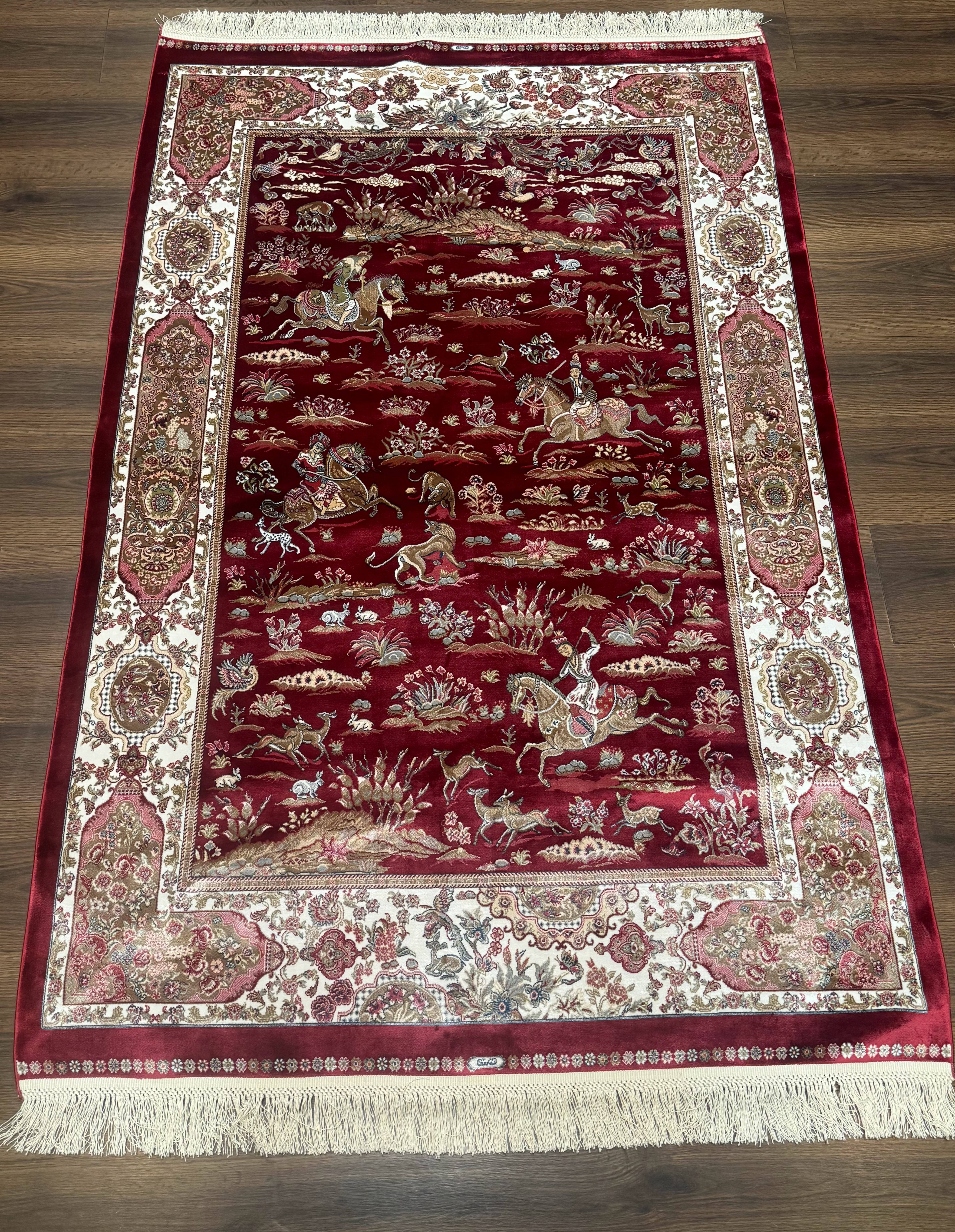 Turkish Silk Hunting Design Rug 4x6, Dark Red & Ivory, Bamboo Silk, New - Jewel Rugs