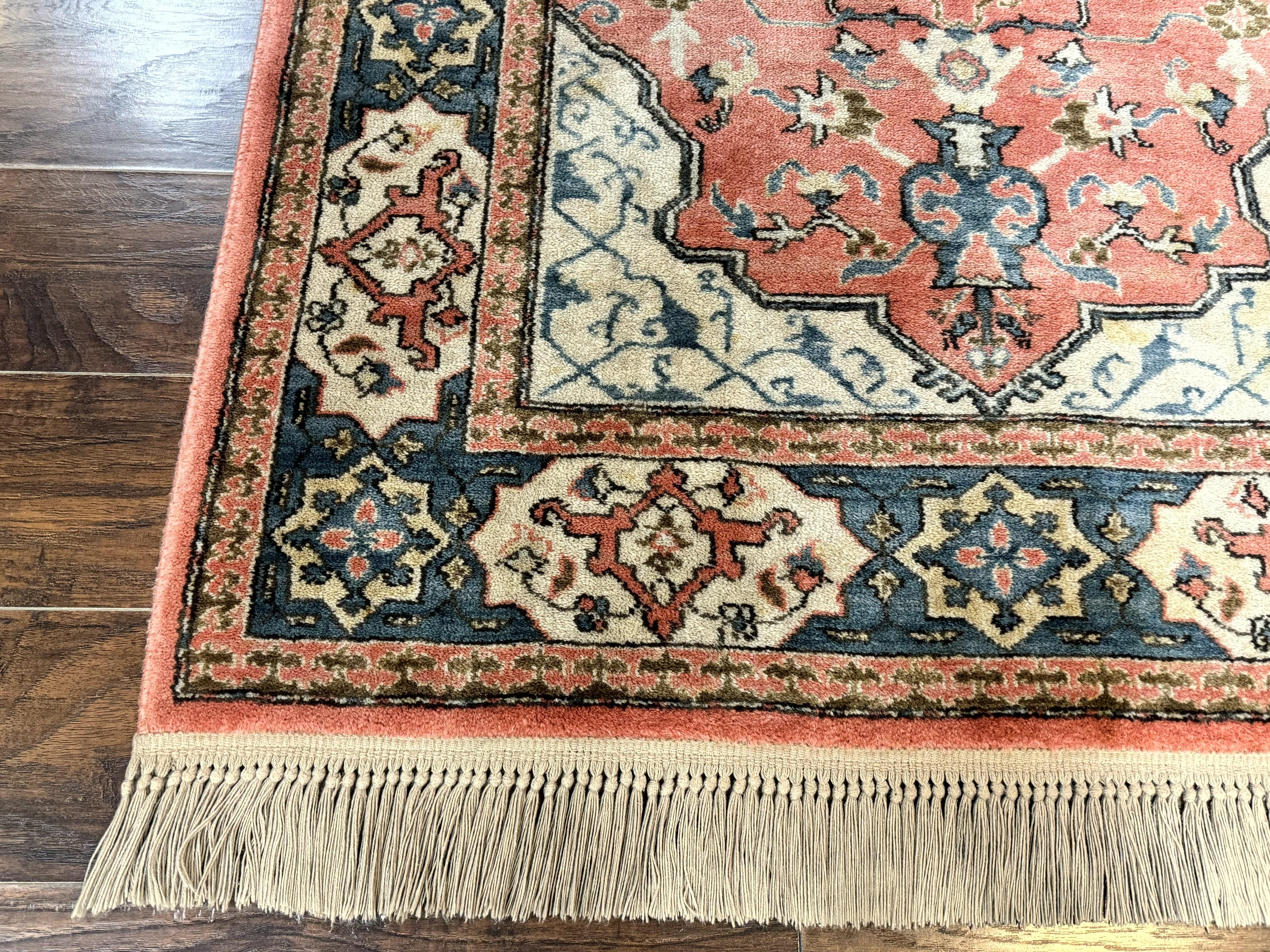 Karastan Rug 4x6 Bergama Design #737, Karastan Area Rug, Vintage Wool Karastan Carpet, Original Collection 700 Series, Salmon Red Light Blue - Jewel Rugs