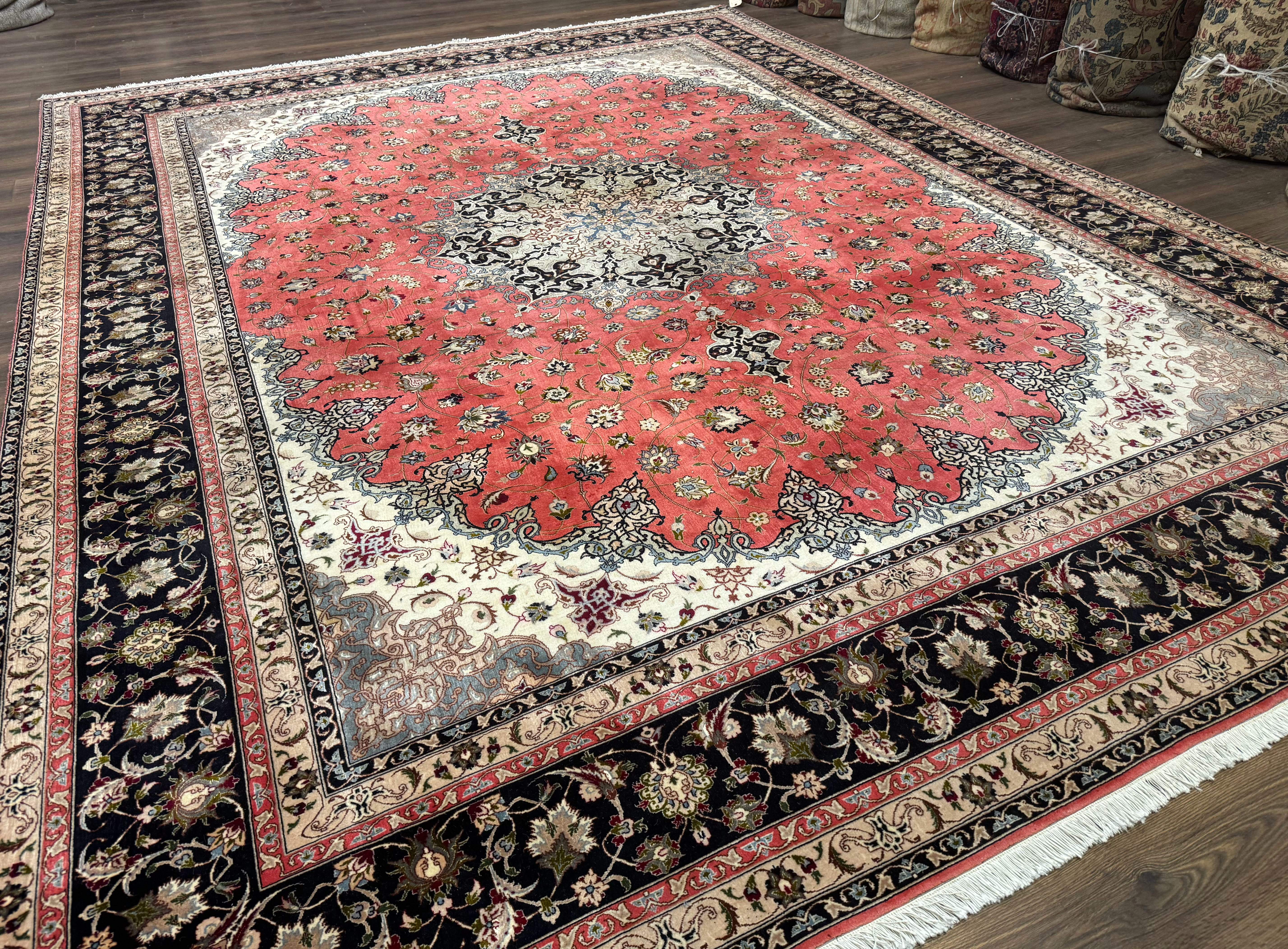 Persian Tabriz Rug 10x13, Floral Medallion, Salmon and Ivory, Hand-Knotted, 330 KPSI - Jewel Rugs