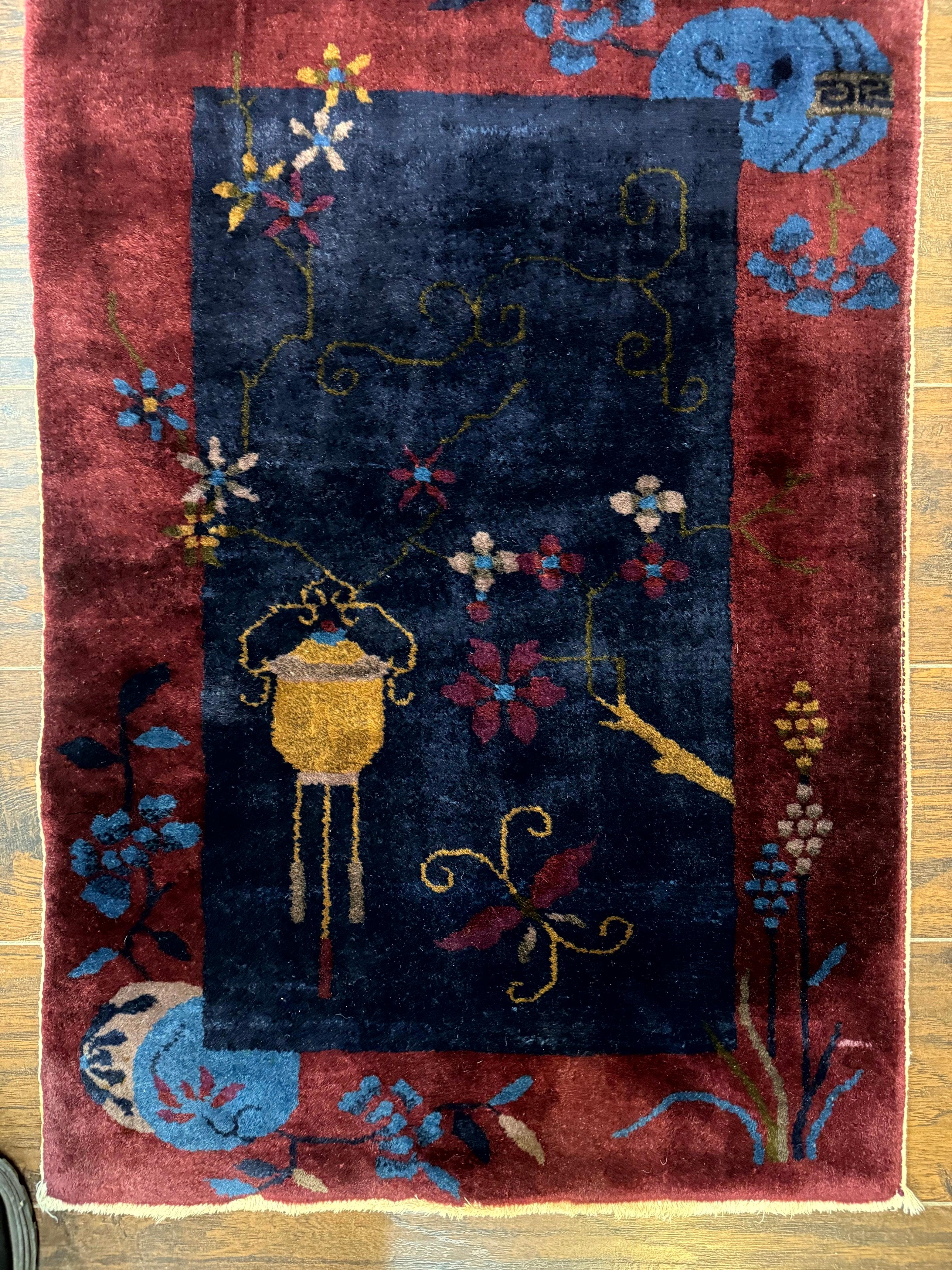 Chinese Art Deco Rug 2x3, Small Chinese Antique Wool Carpet, Nichols Rug - Jewel Rugs