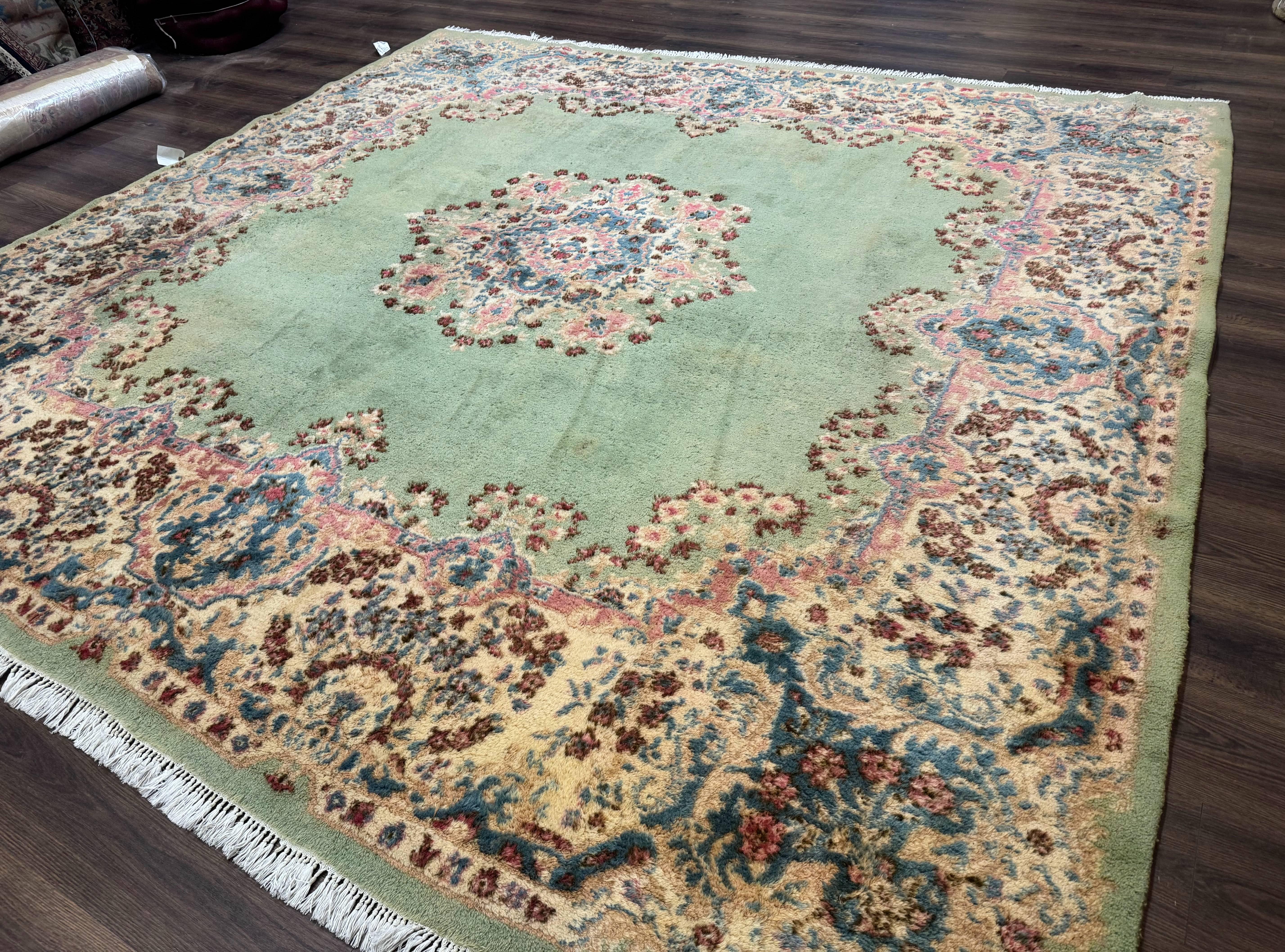 Green Persian Rug 10x10, Large Square Persian Carpet, Wool Rug, Open Field, Green and Beige Rug, Kerman Rug - Jewel Rugs