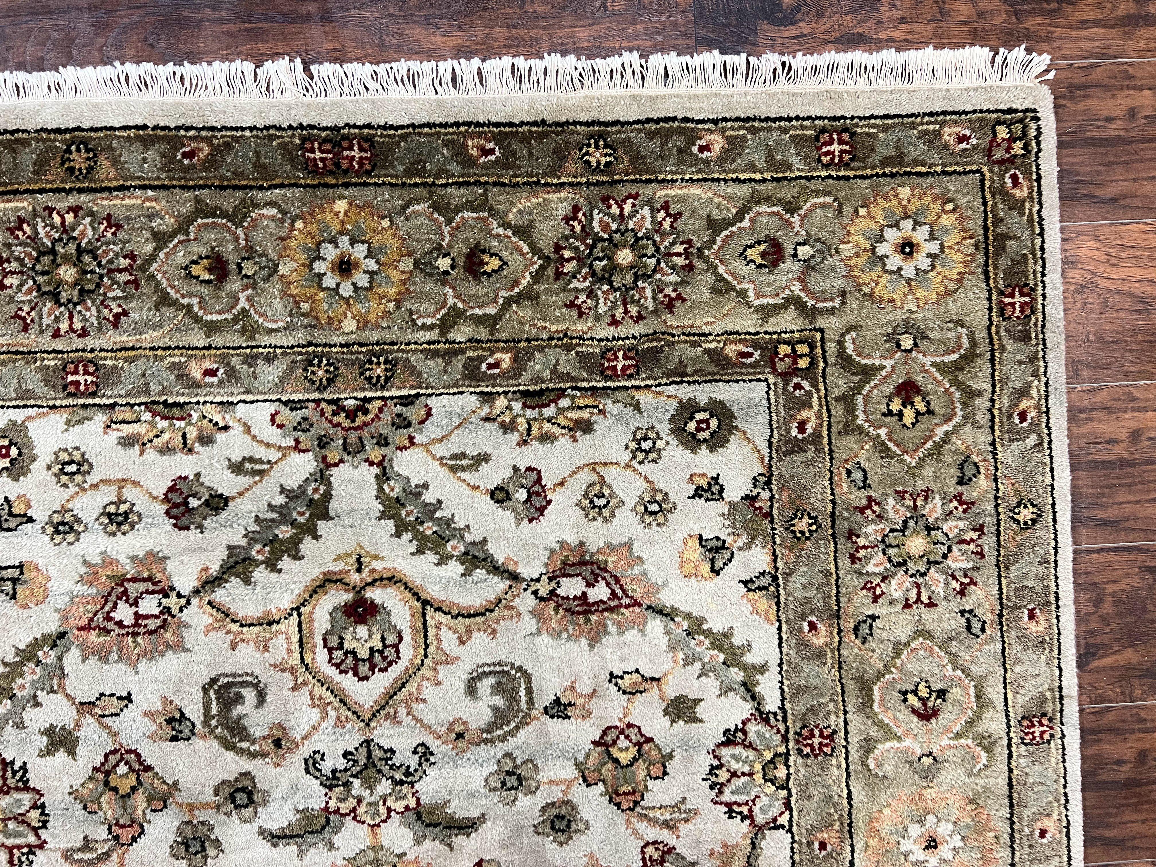 Indo Persian Rug 5.6 x 8, Wool Hand Knotted Vintage Carpet, Beige Indian Mahal Traditional Oriental Rug, Allover Floral, Tea Wash Rug - Jewel Rugs