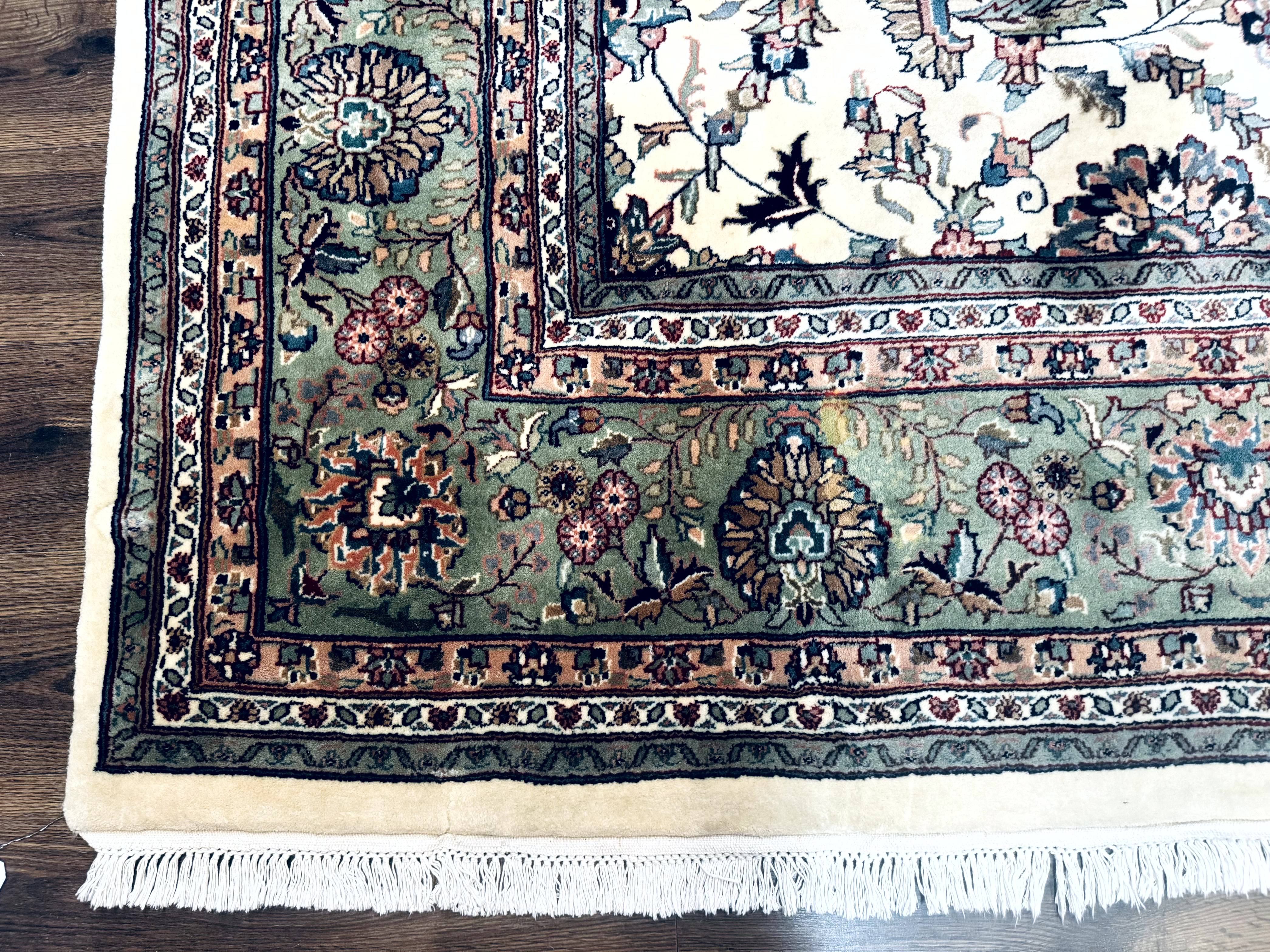 Indo Persian Rug 9x12, Allover Floral Pattern, Ivory & Green, Traditional Oriental Carpet - Jewel Rugs