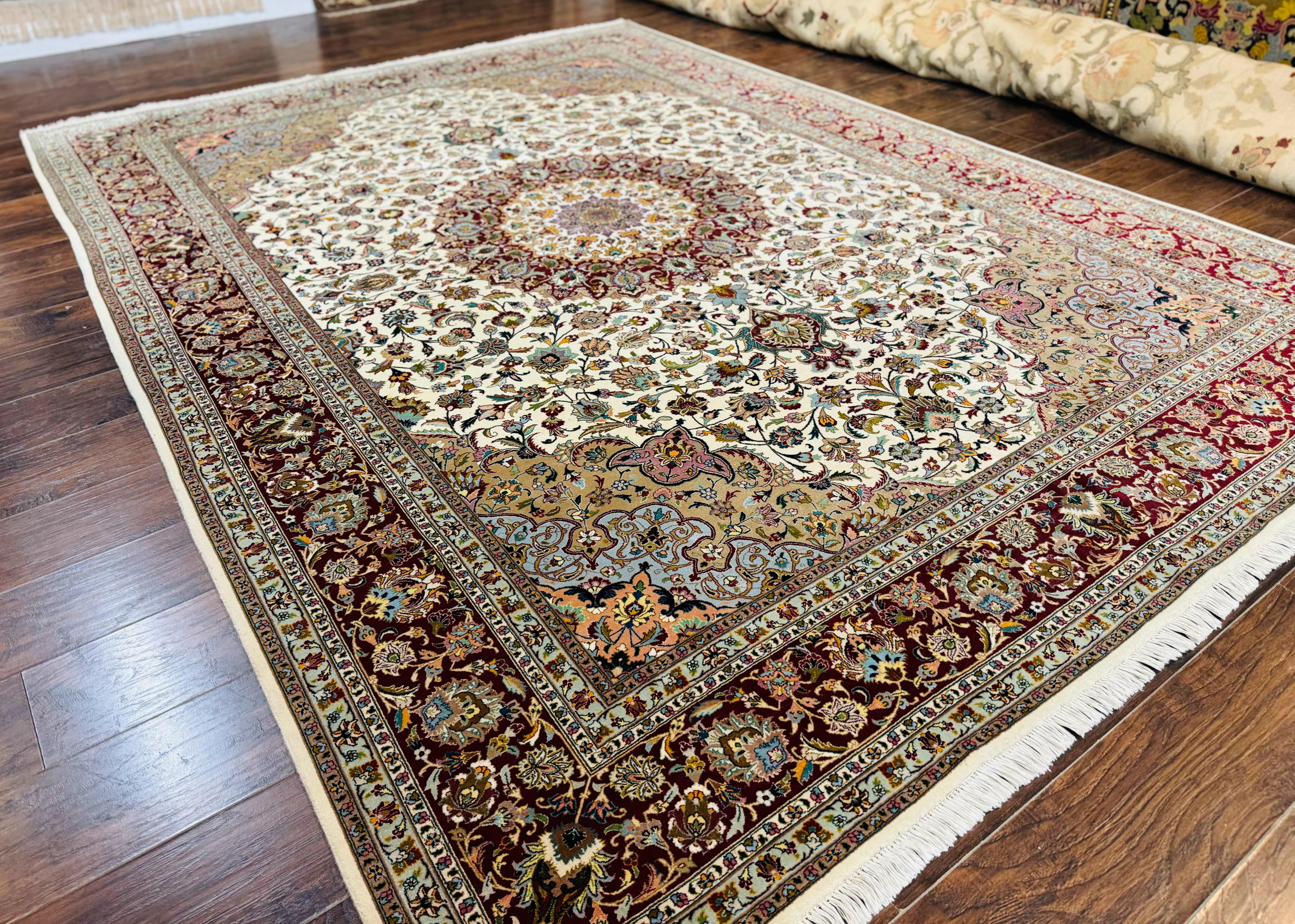 Persian Tabriz Rug 8x11, Floral Medallion Traditional Area Rug, Fine 300 KPSI, Ivory Maroon - Jewel Rugs