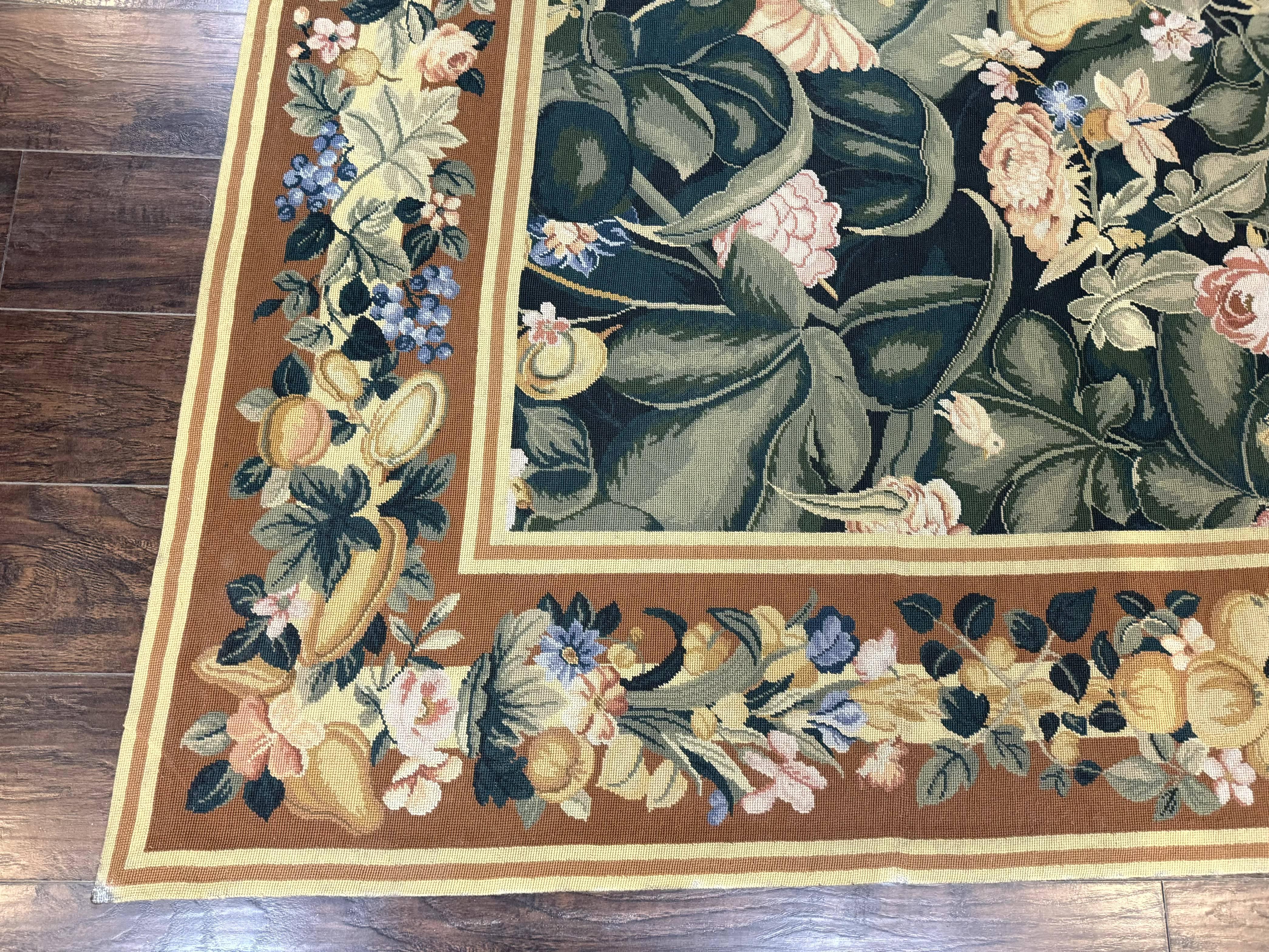 Needlepoint Rug 8x10, Vintage, Handmade, Wool, Green, Leaves & Fruits - Jewel Rugs