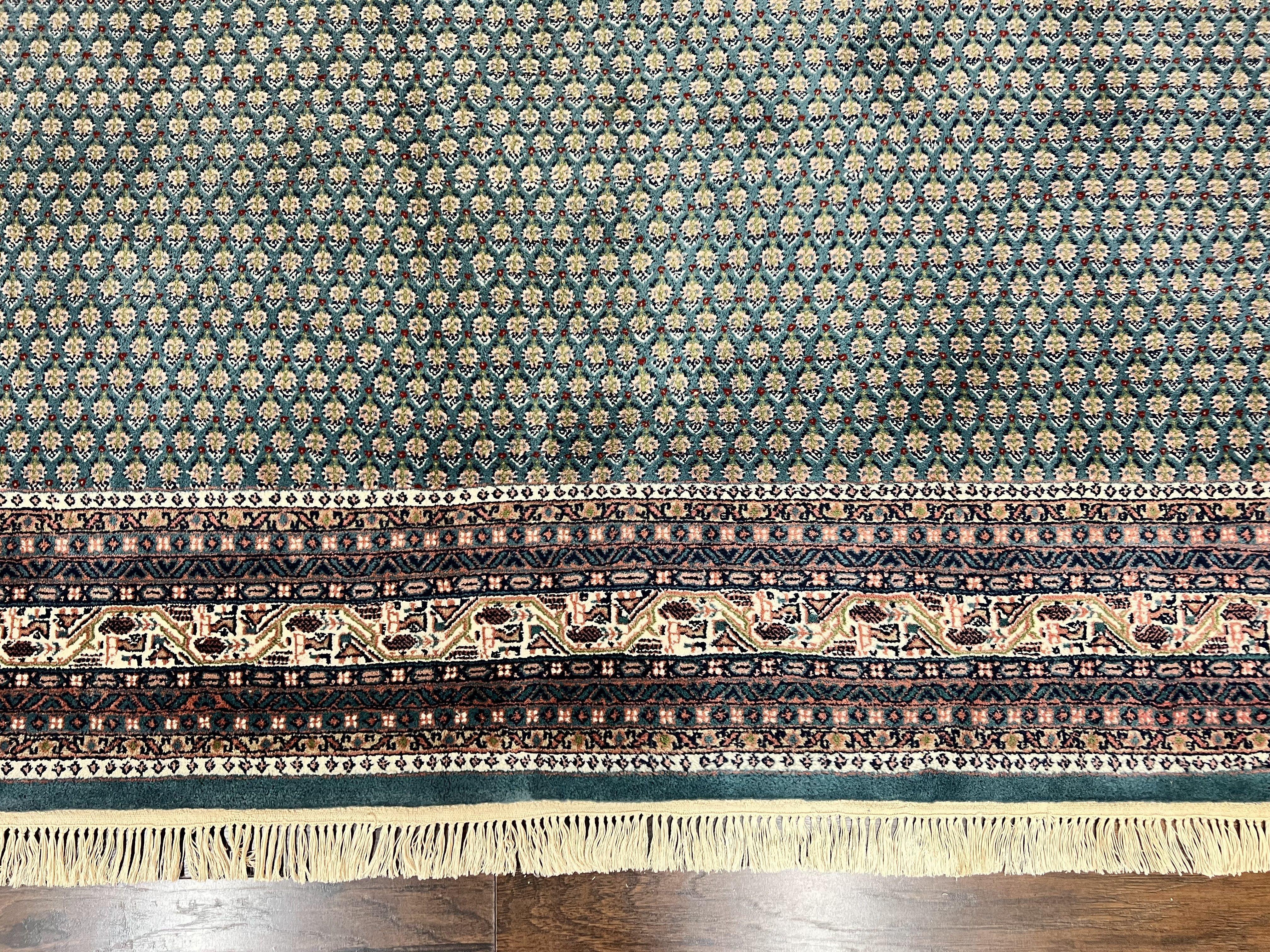 Indo Persian Sarouk Mir Rug 9x12, Green and Cream/Beige, Repeated Boteh Paisley Design, Soft Wool Handmade Hand Knotted Indian Oriental Rug - Jewel Rugs