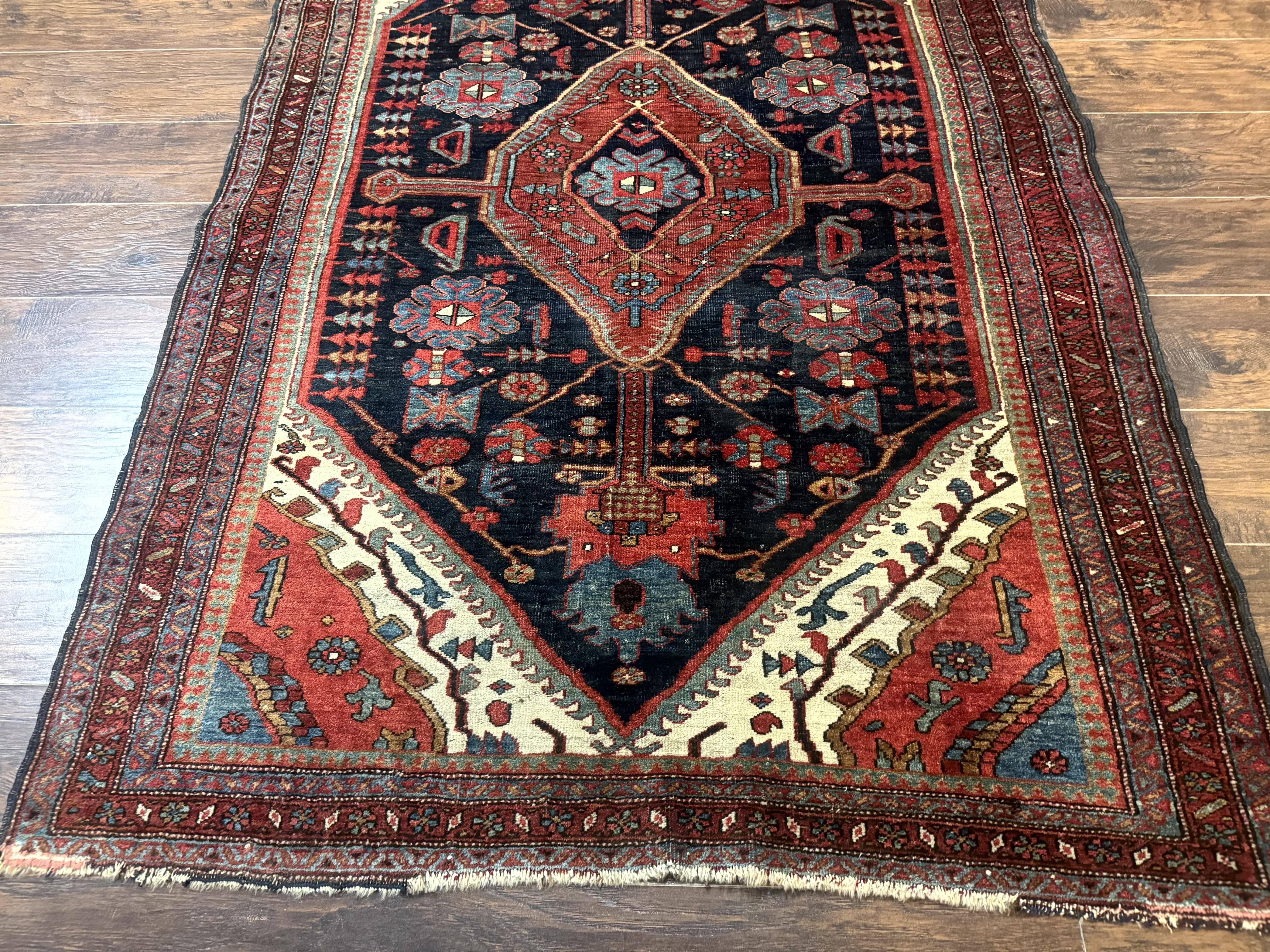 Antique Persian Bidjar Rug 5x6, Navy Blue and Red, Persian Tribal Rug - Jewel Rugs