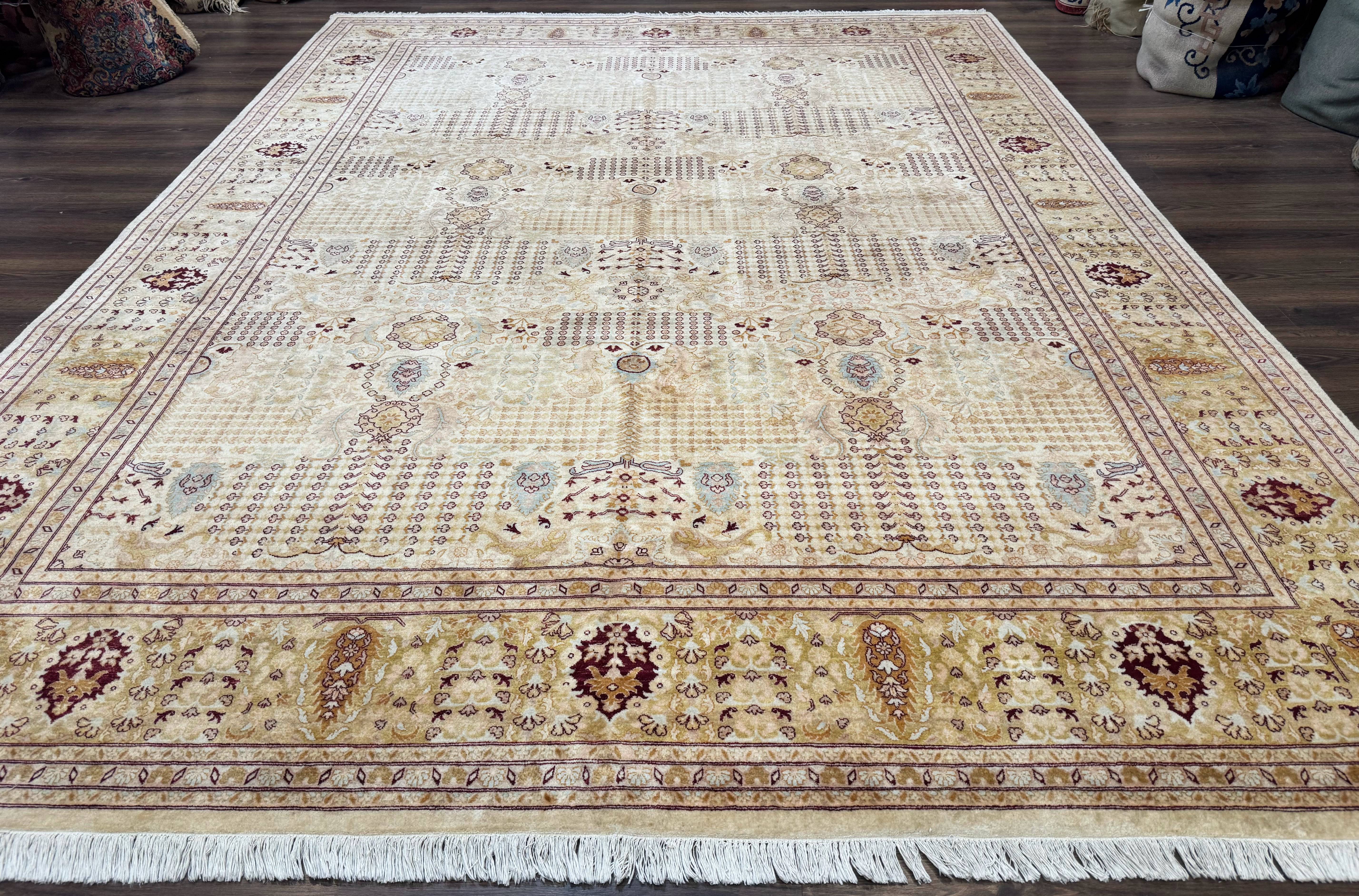 Pakistani Carpet 9x12, Finely Hand Knotted 270 KPSI, Cream, Allover Pattern - Jewel Rugs
