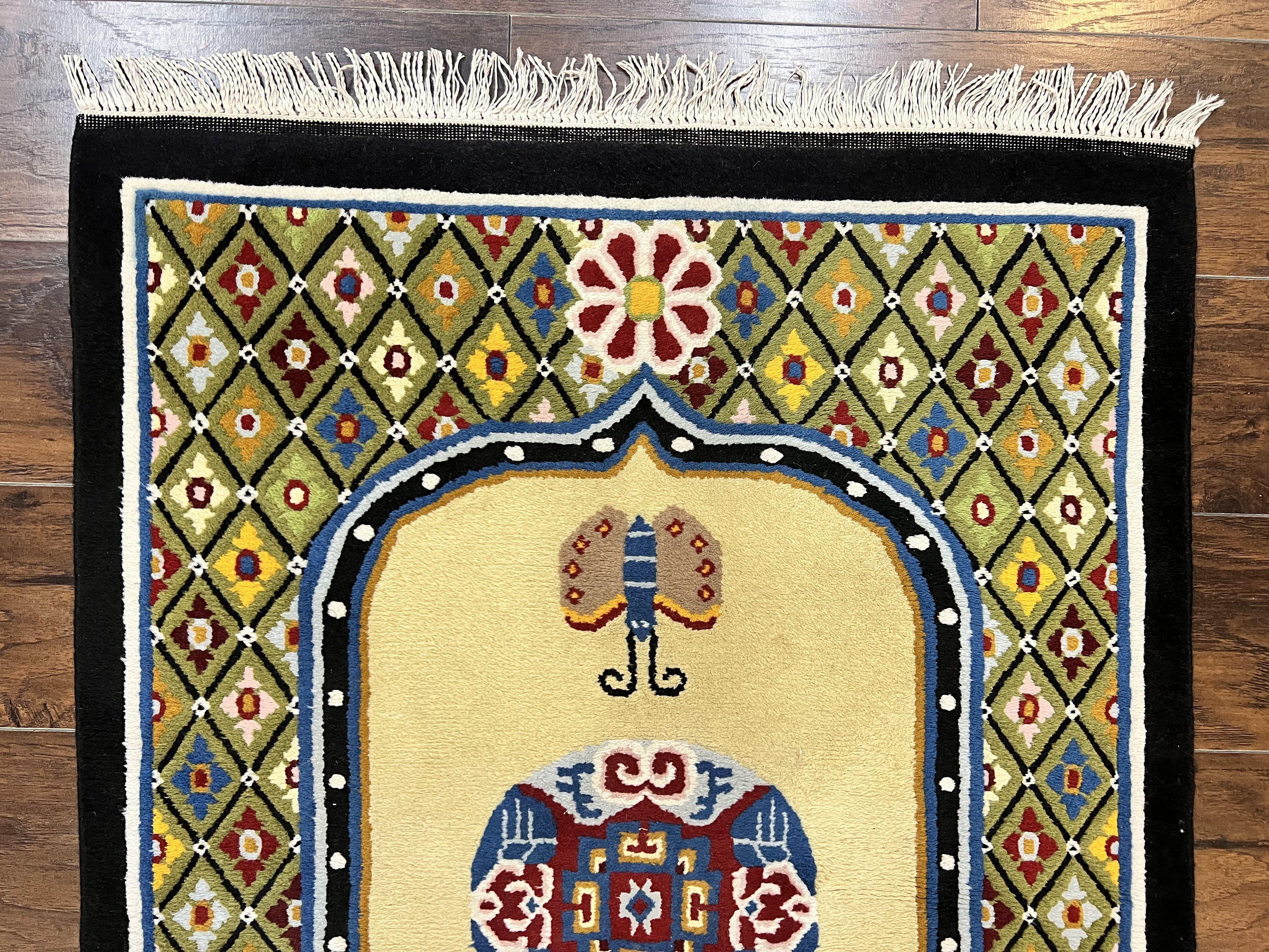 Chinese Rug 3x6 ft, Chinese Wool Rug, Tiensin Rug, Handmade Wool 3 x 6 Vintage Peking Rug, Art Deco Rug, Butterflies - Jewel Rugs