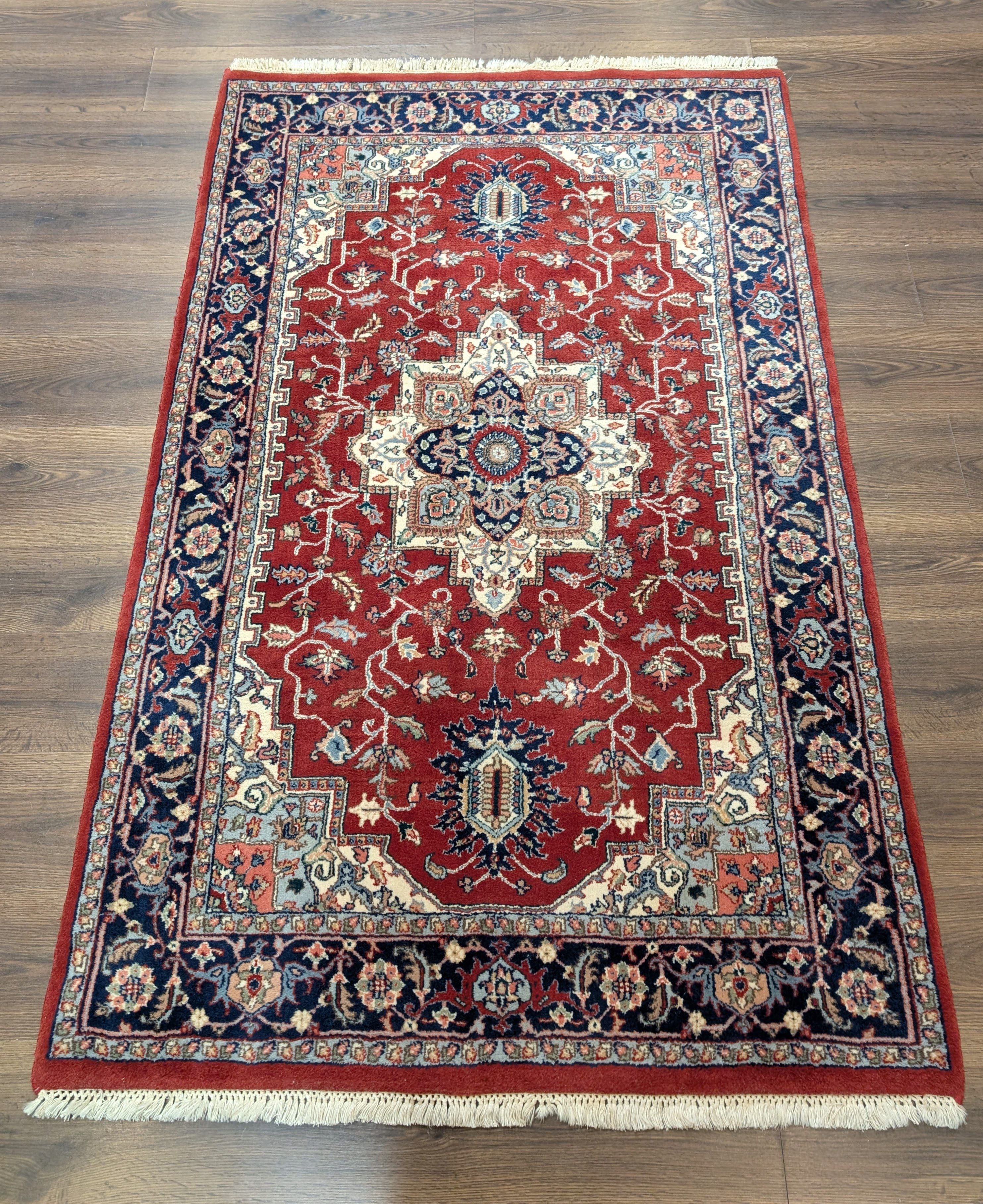 Indo Persian Heriz Rug 4x6, Red and Navy Hand Knotted Traditional Oriental Rug - Jewel Rugs