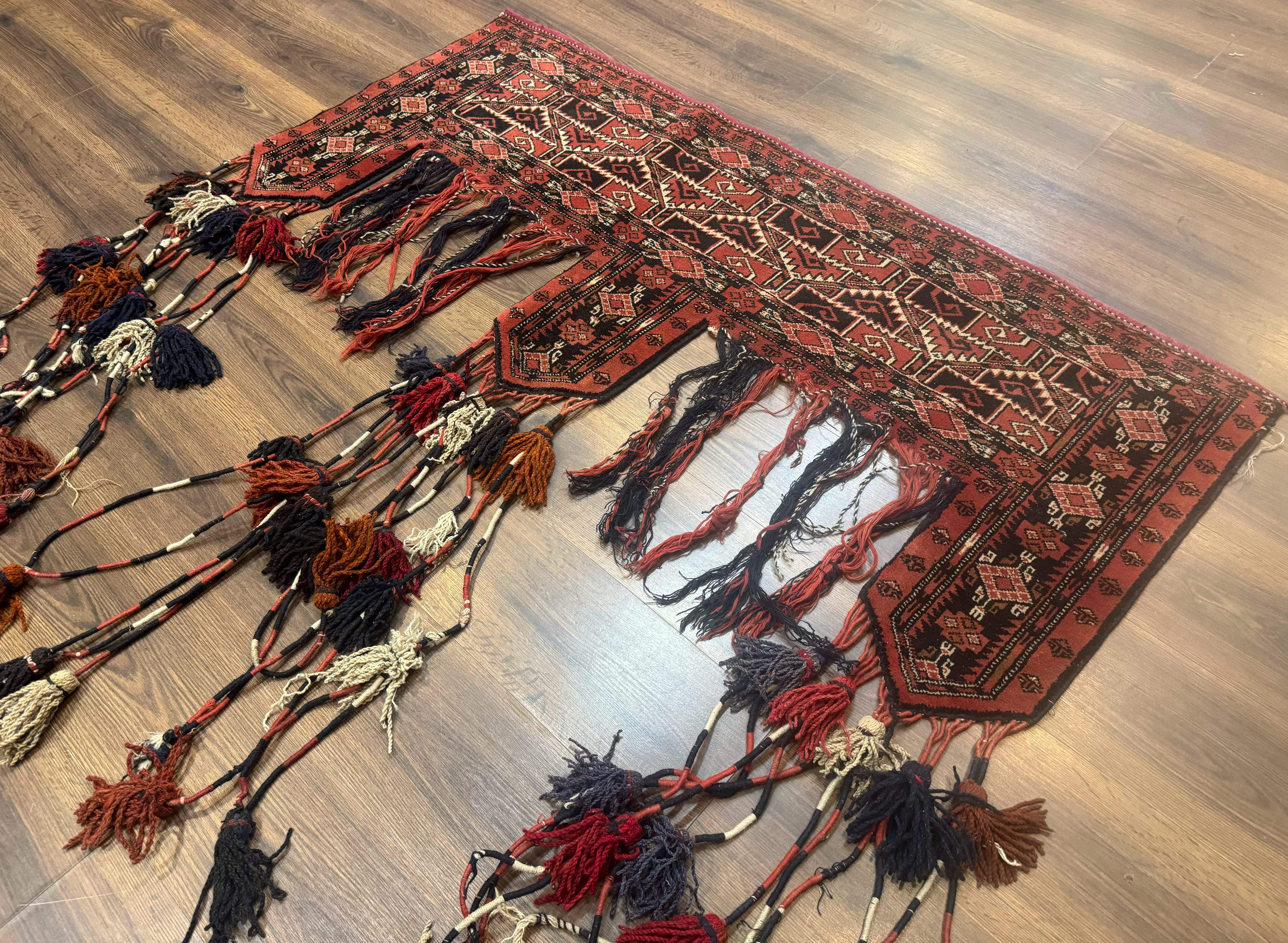 Persian Turkoman Tribal Door Hanging, Tent Header, Wool, Handmade, Red Black, Tribal Collectible - Jewel Rugs