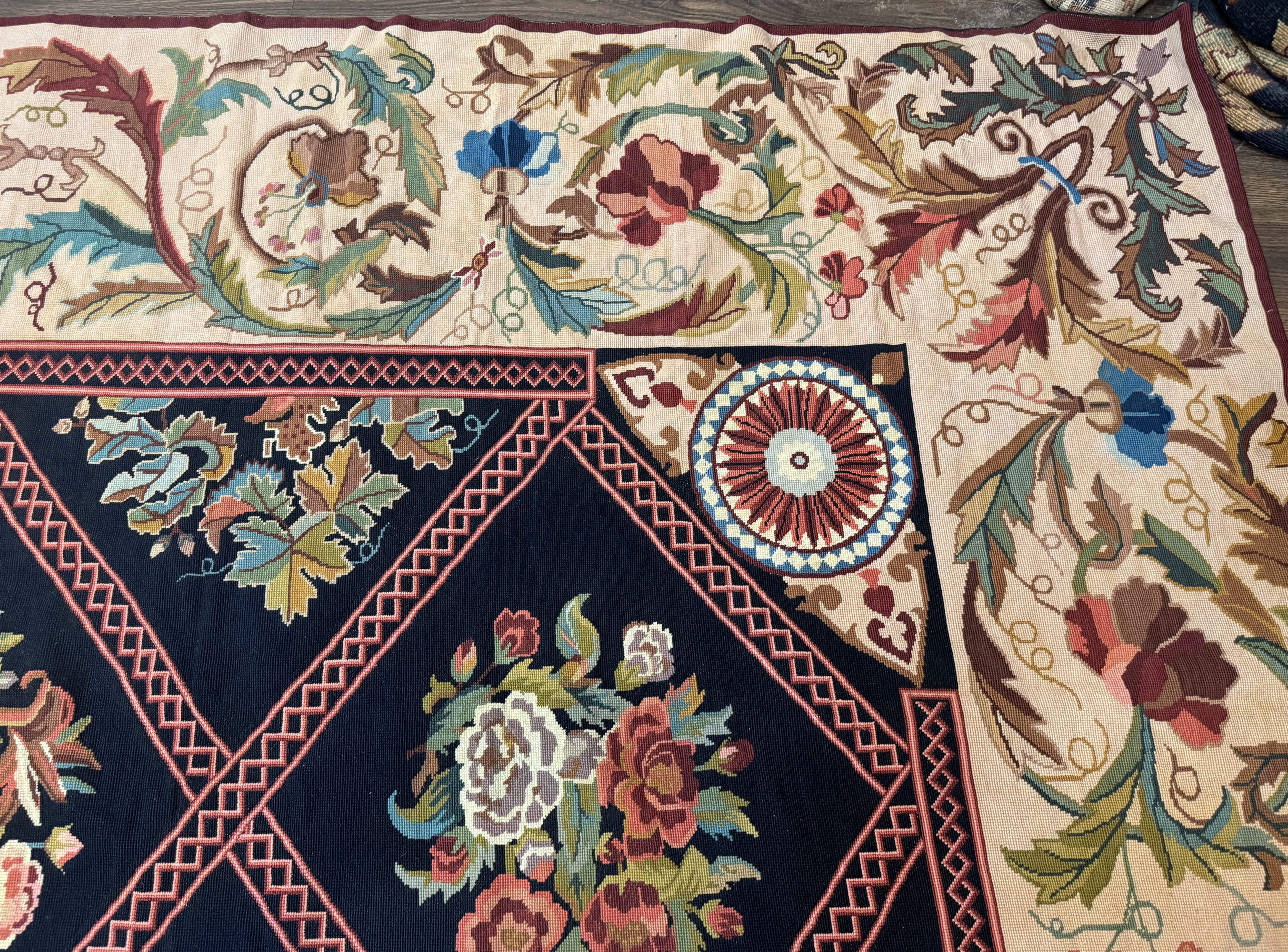 Palace Size Needlepoint Rug 12x20, European French English Aubusson Floral Design, Black and Beige - Jewel Rugs