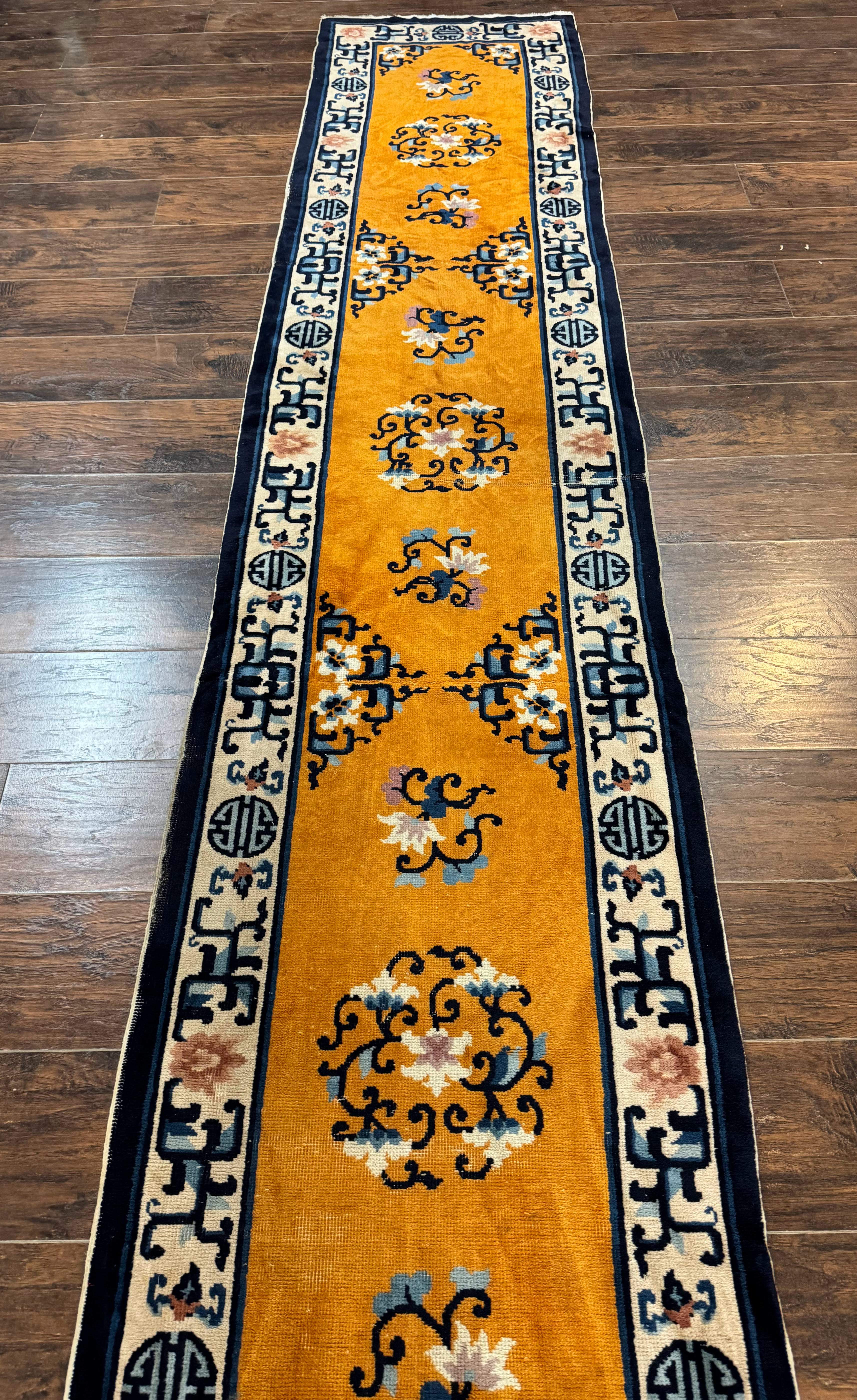Chinese Peking Runner Rug 2x15 – Orange Ivory & Blue, Hand-Knotted Wool Antique Runner - Jewel Rugs
