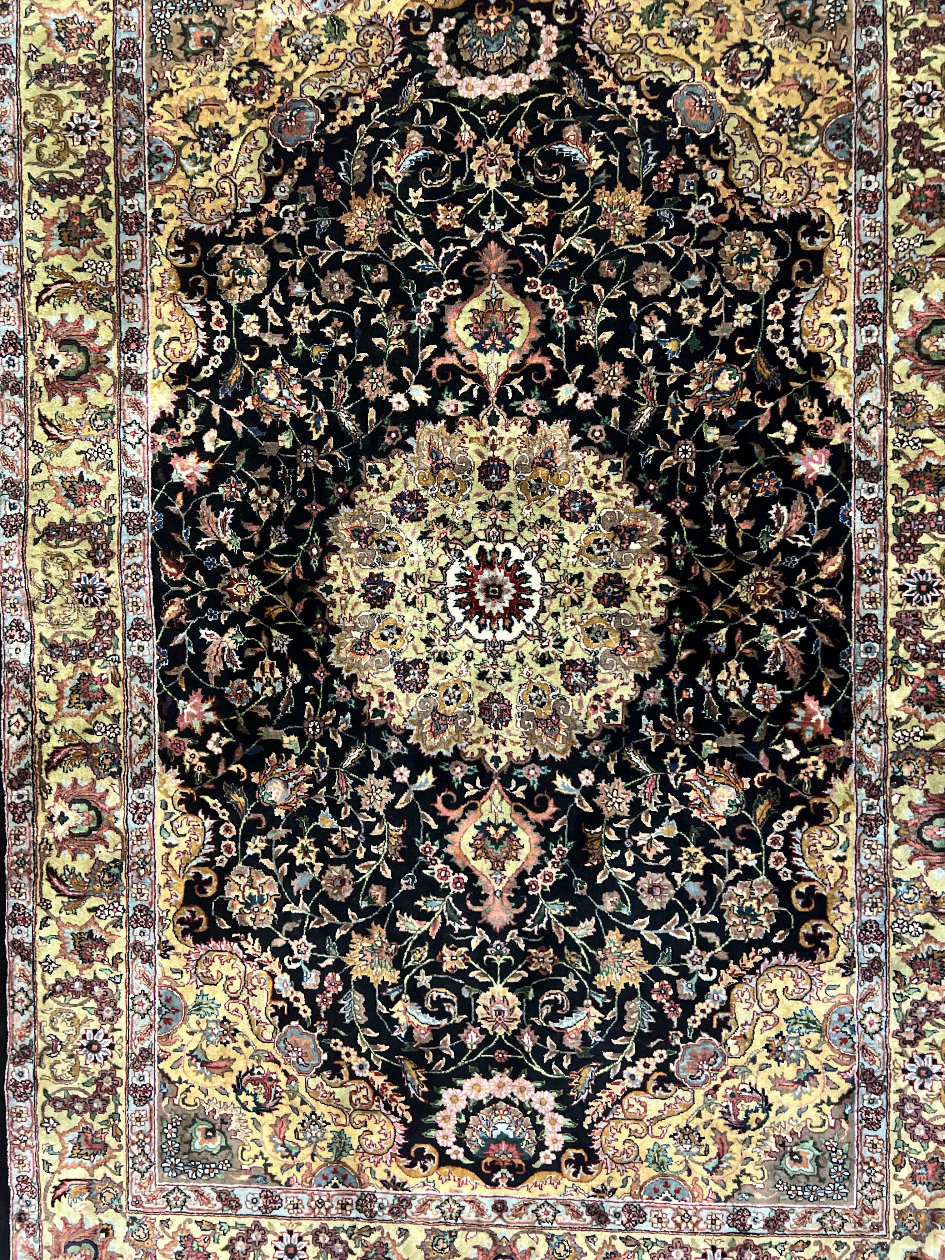 Indo Persian Rug 4x6, Fine Highly Detailed Indian Oriental Carpet 4 x 6 ft, Floral Medallion, Unique Colors, Black Light Gold, Wool Handmade - Jewel Rugs