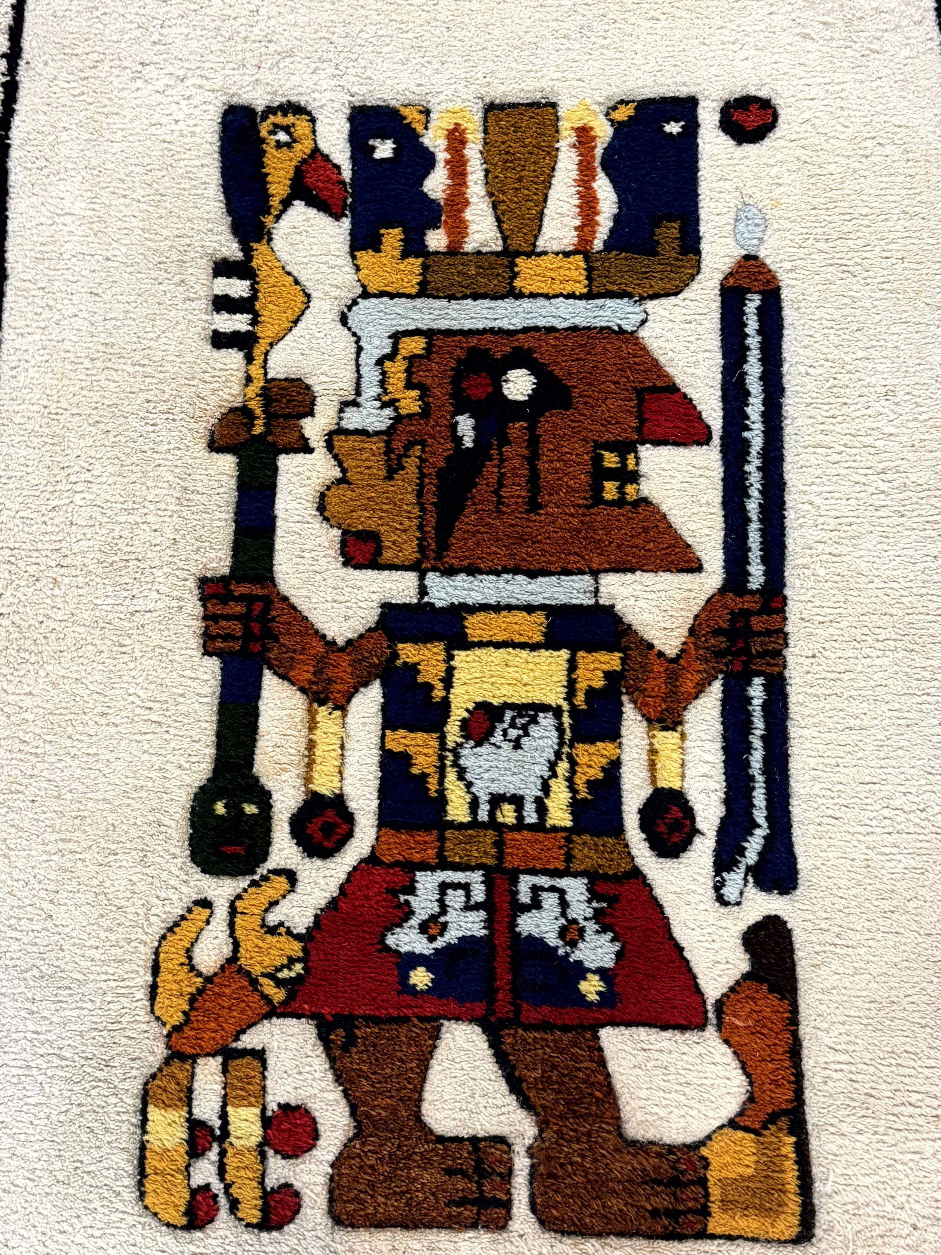 South American Shag Rug 3x5 – Ivory, Pictorial, Vintage Peruvian Native American Wool Rug - Jewel Rugs