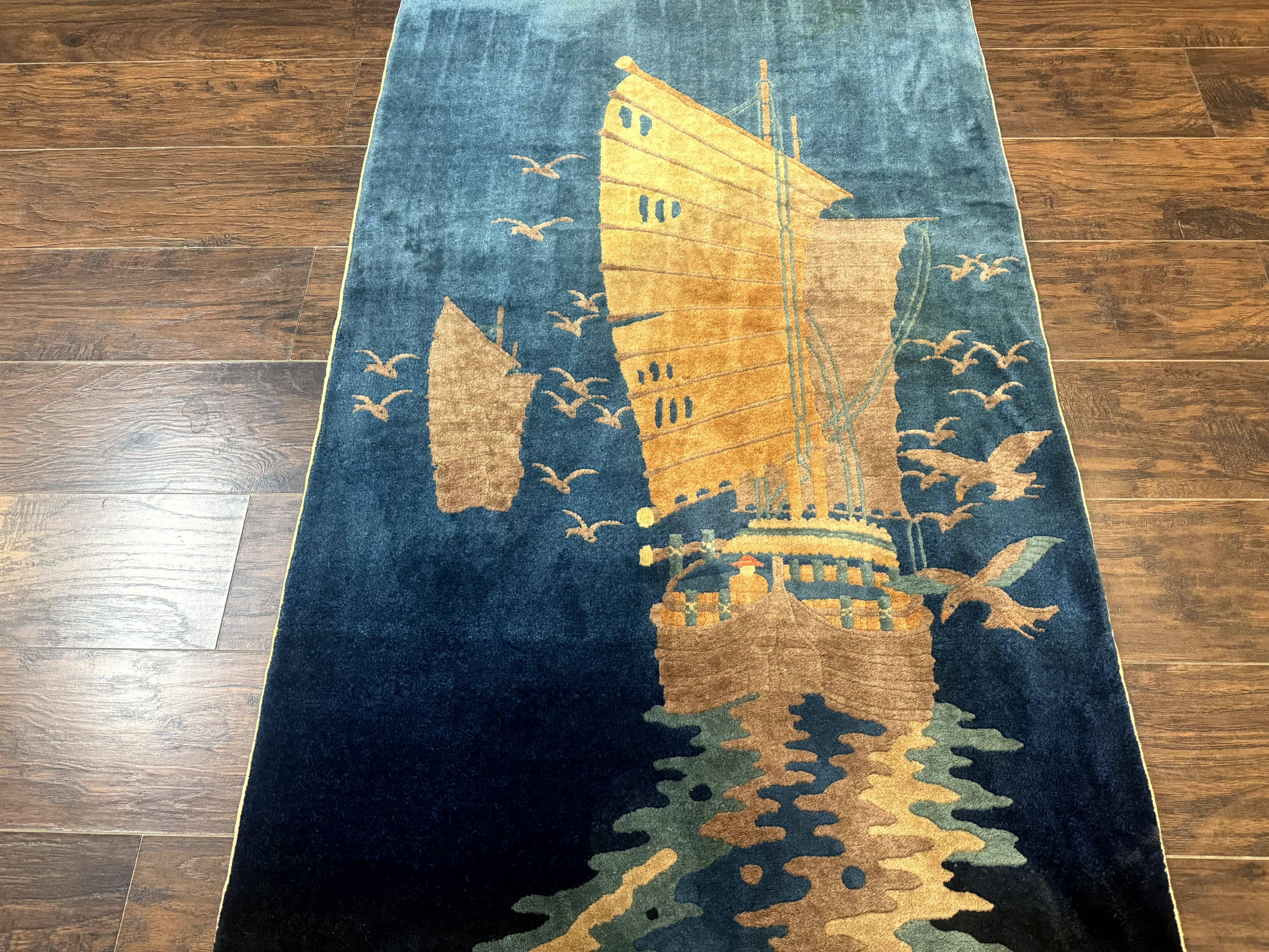 Chinese Art Deco Rug 3x5, Blue, Sailboat and Birds, Seagulls, Ocean, Vintage, Handmade, Chinese Wool Rug, Peking Rug - Jewel Rugs