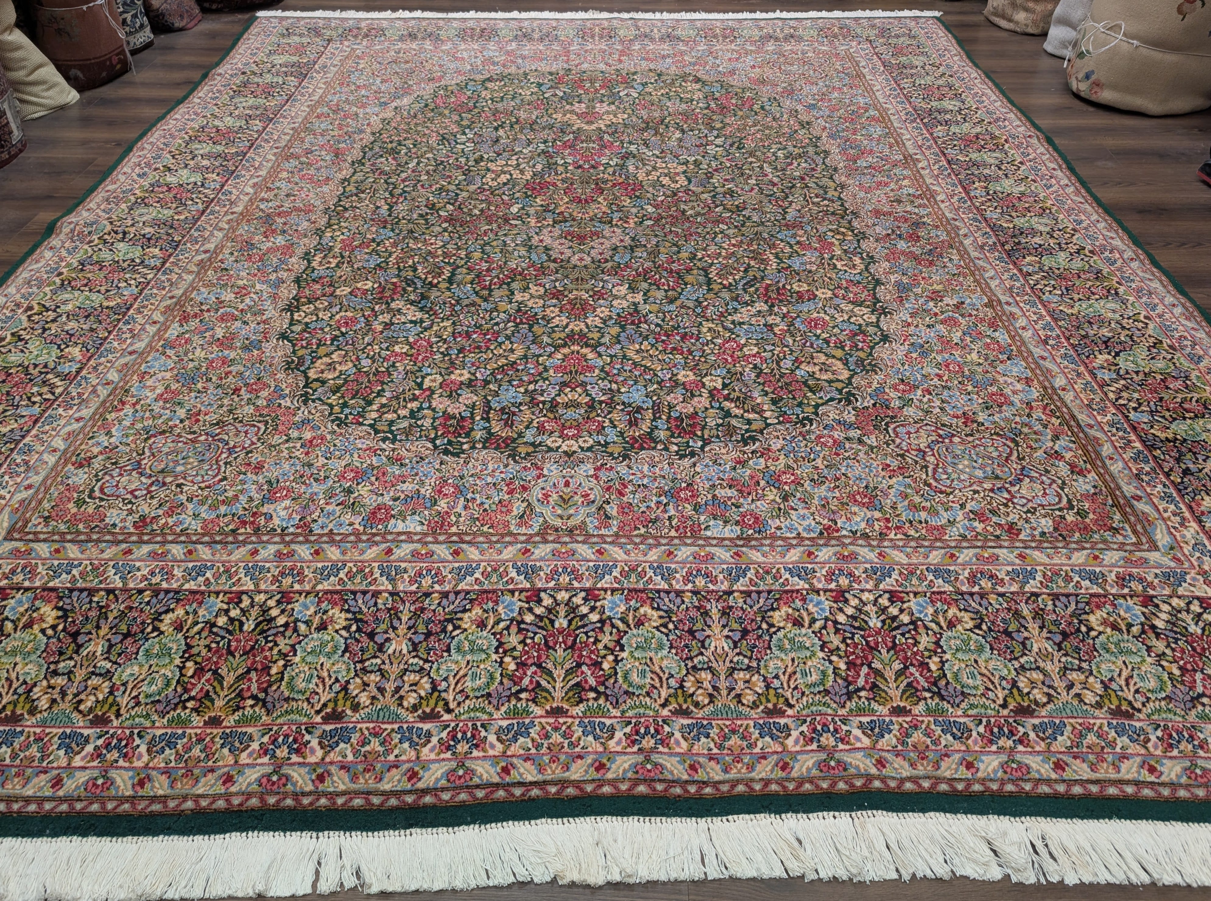 Persian Kirman Rug 10x12, Millefleur, Hand-Knotted Wool Carpet, Dark Green Multicolor - Jewel Rugs