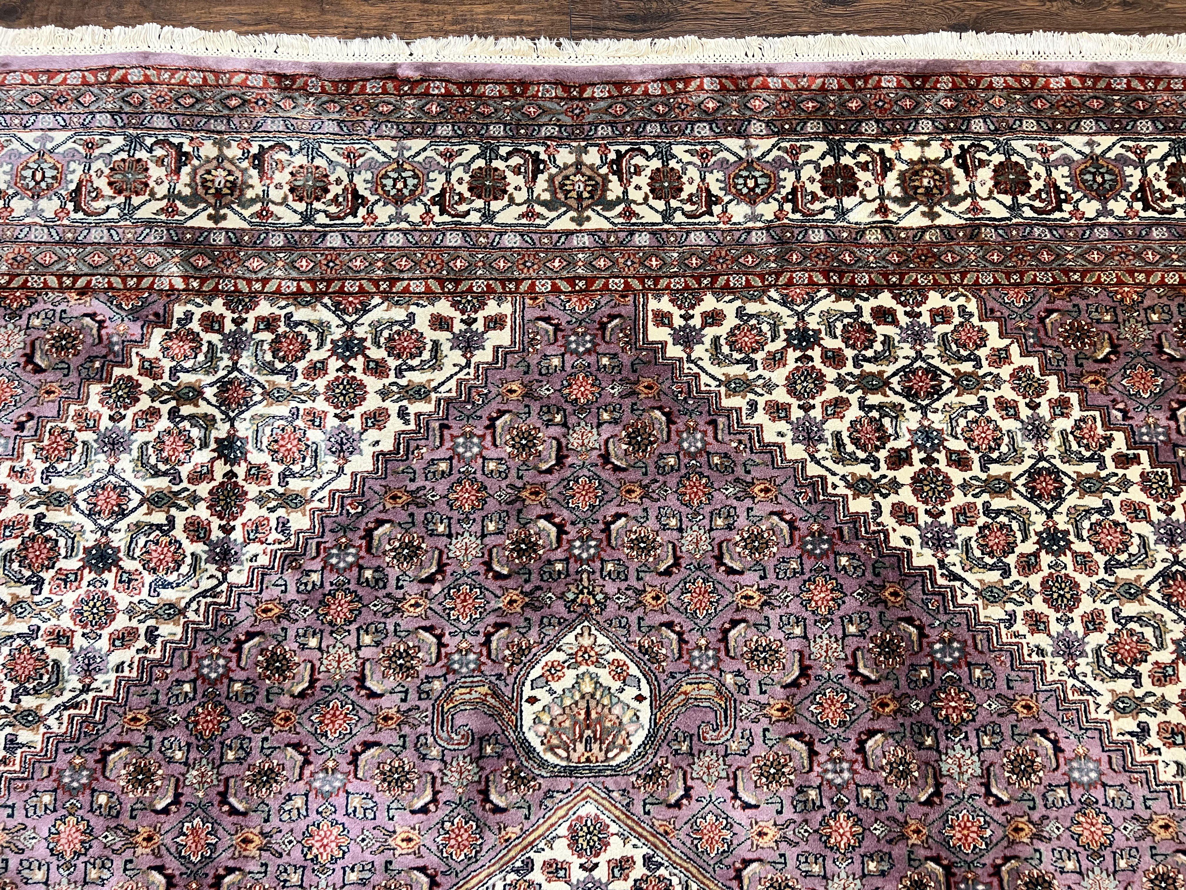 Indo Persian Bidjar Rug 8x10, Purple and Ivory Hand Knotted Wool Vintage Oriental Carpet, Herati Mahi Pattern, 8 x 10 Traditional Fine Rug - Jewel Rugs