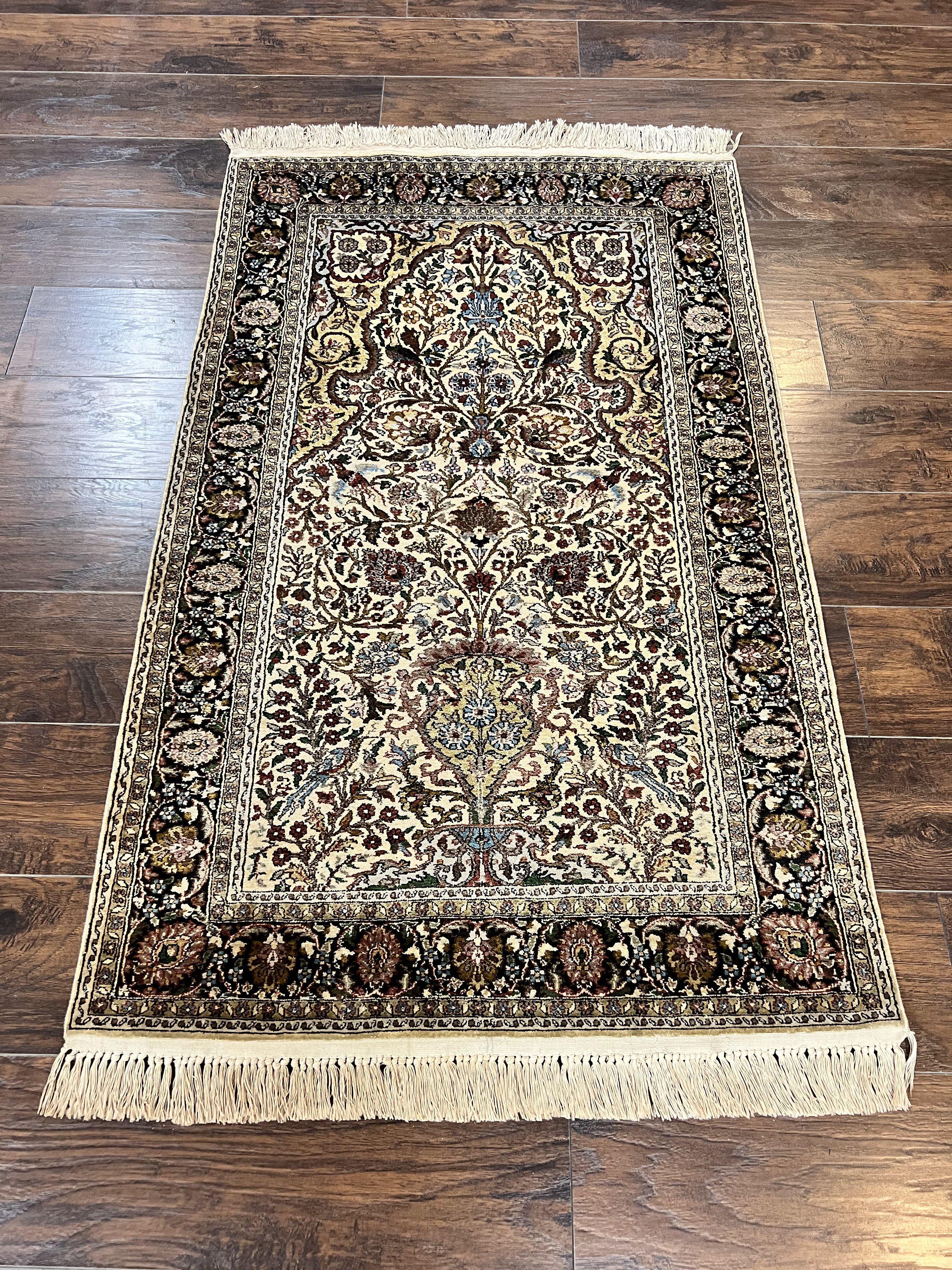 Turkish Kayseri Silk Rug 3x5, Tree of Life Silk Oriental Carpet, Birds Persian Vase Design, Hand Knotted Vintage Fine Rug, 340 KPSI - Jewel Rugs