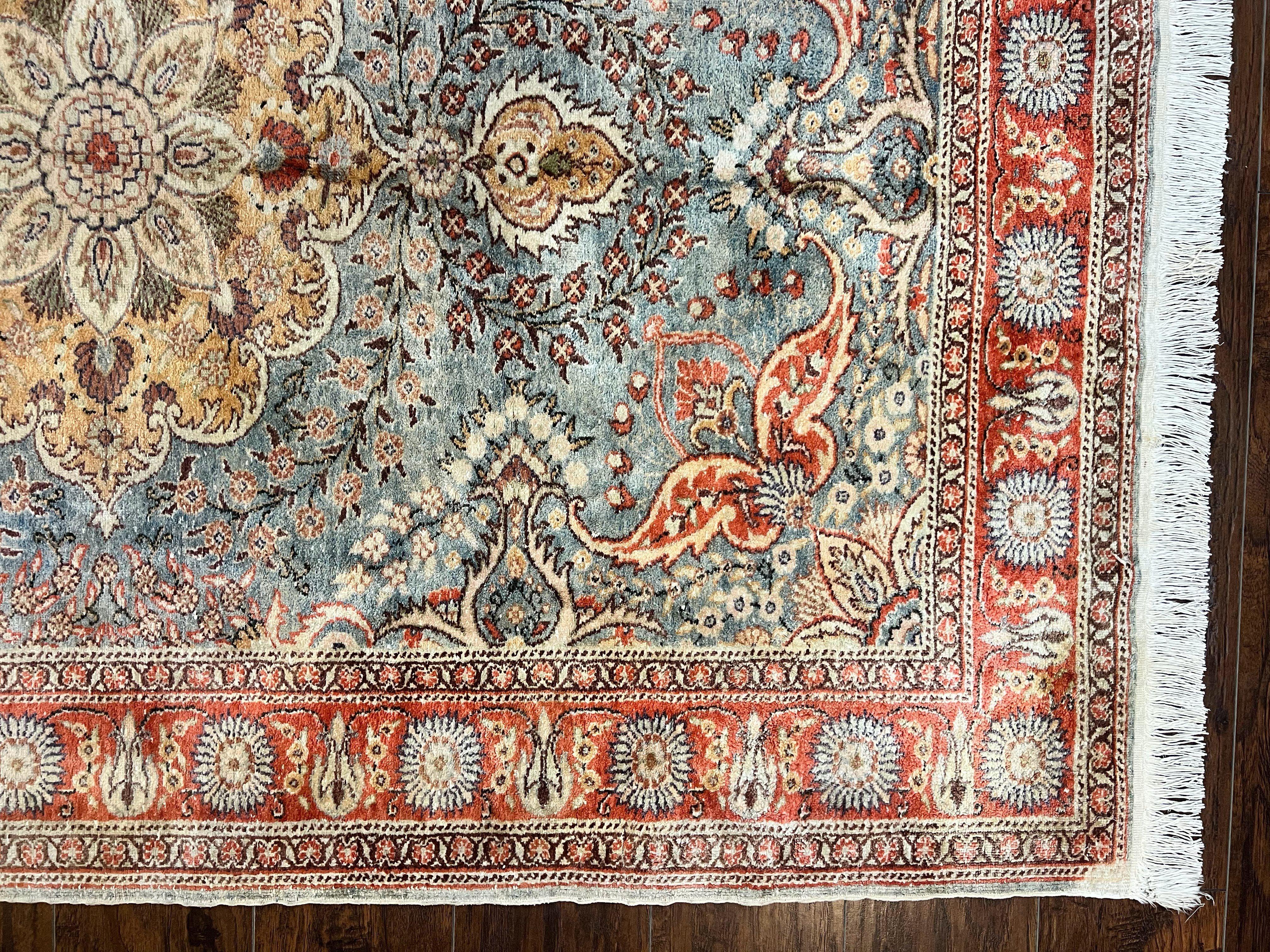 Silk Turkish Rug 5x7, Light Blue Silk Carpet, Floral Medallion, Turkish Kayseri Rug, Vintage Handmade Oriental Rug - Jewel Rugs