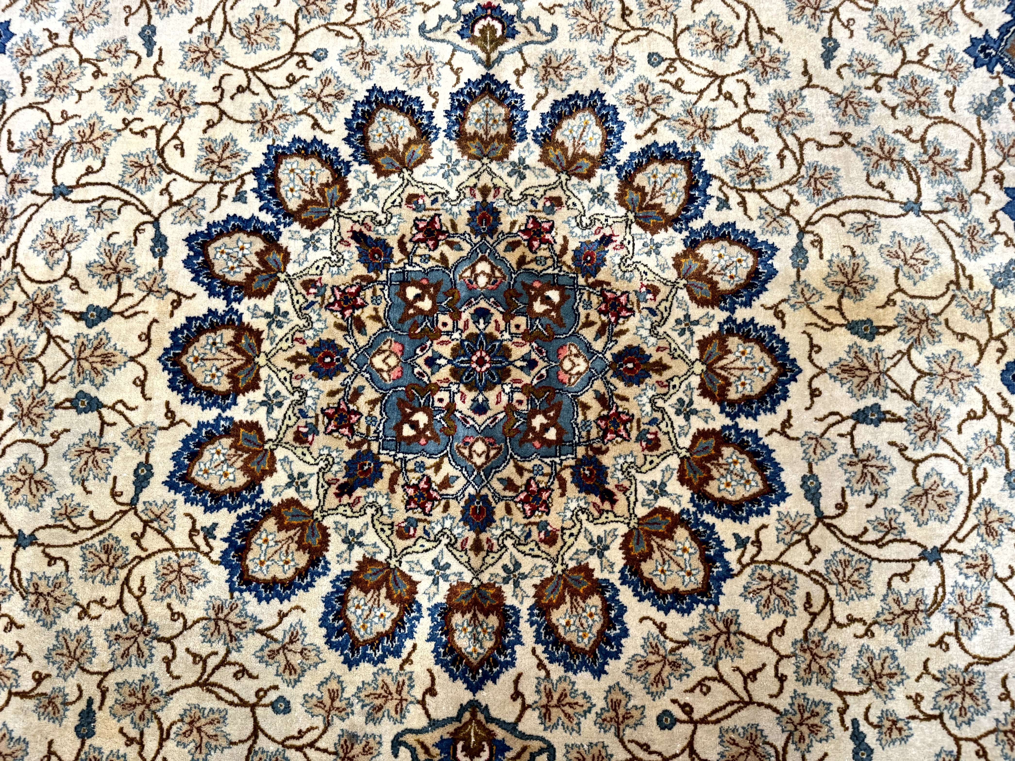 Persian Kashan Rug 9 x 12.6, Ivory and Blue, Floral Medallion, Wool Hand Knotted Semi Antique Carpet - Jewel Rugs