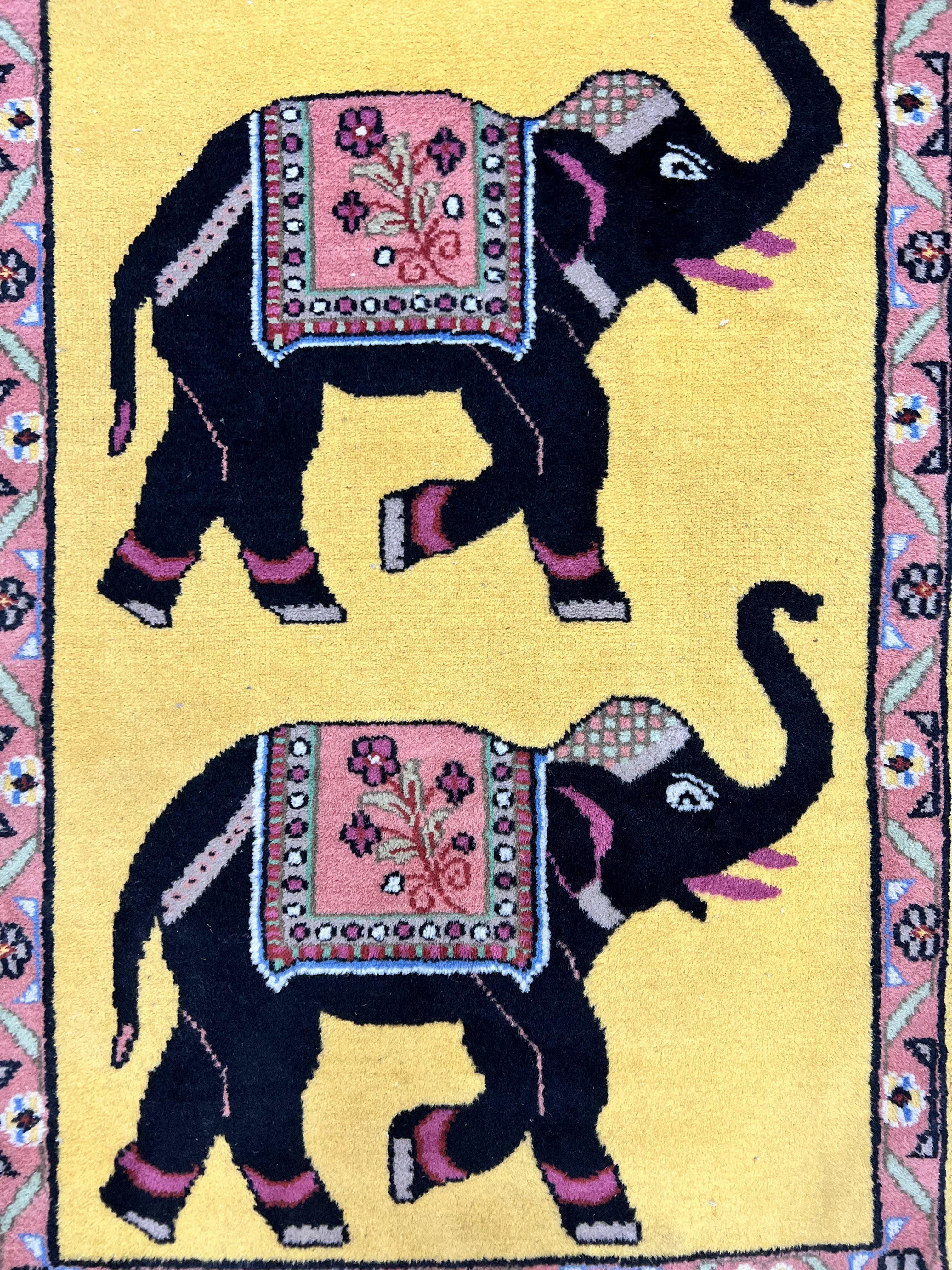 Unique Indian Pictorial Rug 2x3, Small Wool Hand Knotted Oriental Carpet, Yellow, Two Elephants, Handmade - Jewel Rugs
