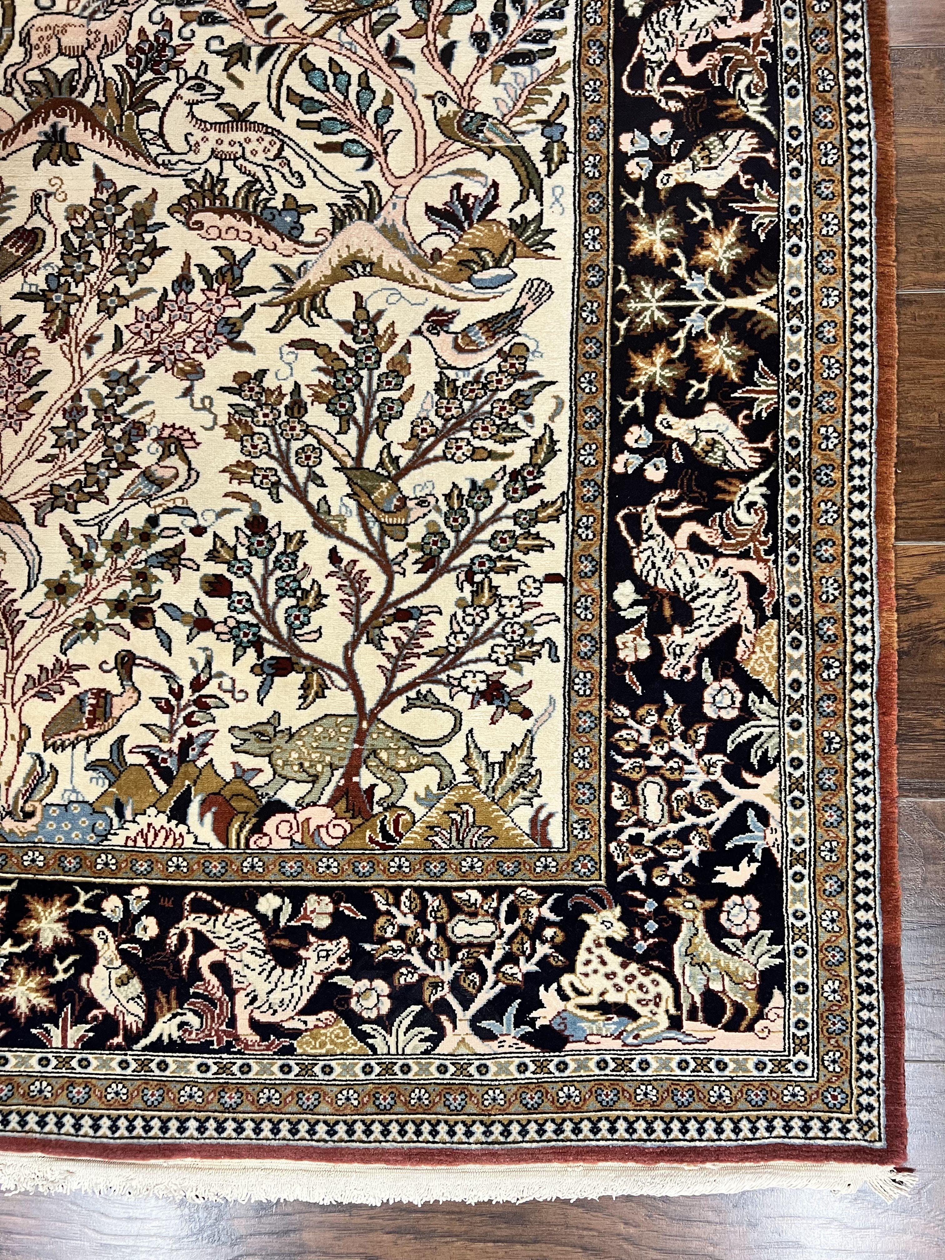 Persian Qum Tree of Life Rug 5x7, Wool and Silk Highlights, Animal Motifs, Vintage Hand Knotted Handmade Cream & Black Fine Oriental Carpet - Jewel Rugs