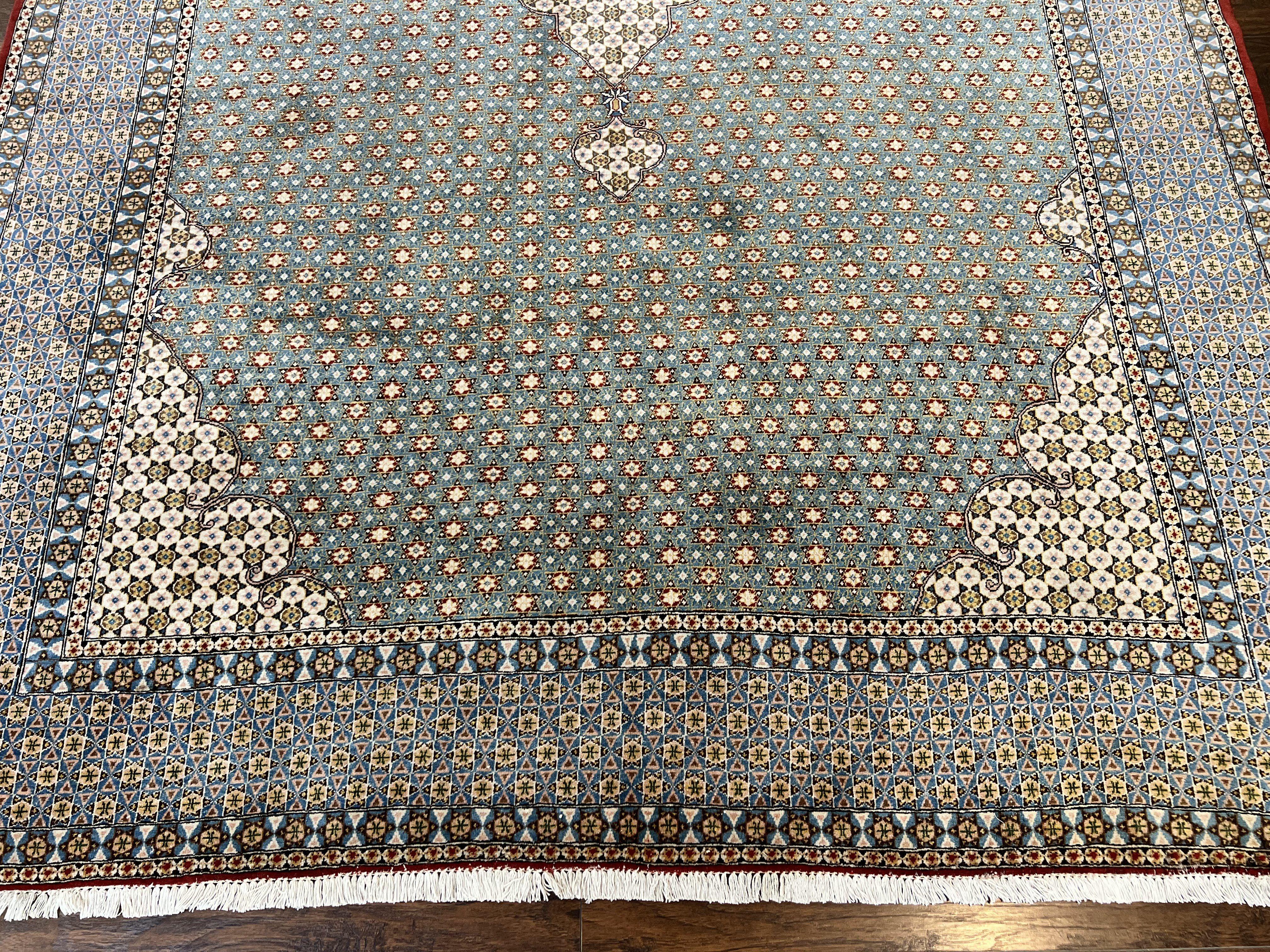 Rare Persian Rug 8x12, Qum Rug, Repeated Star Motifs, Blue and Ivory, Fine 300 KPSI, Hand Knotted Handmade Vintage Wool Rug - Jewel Rugs