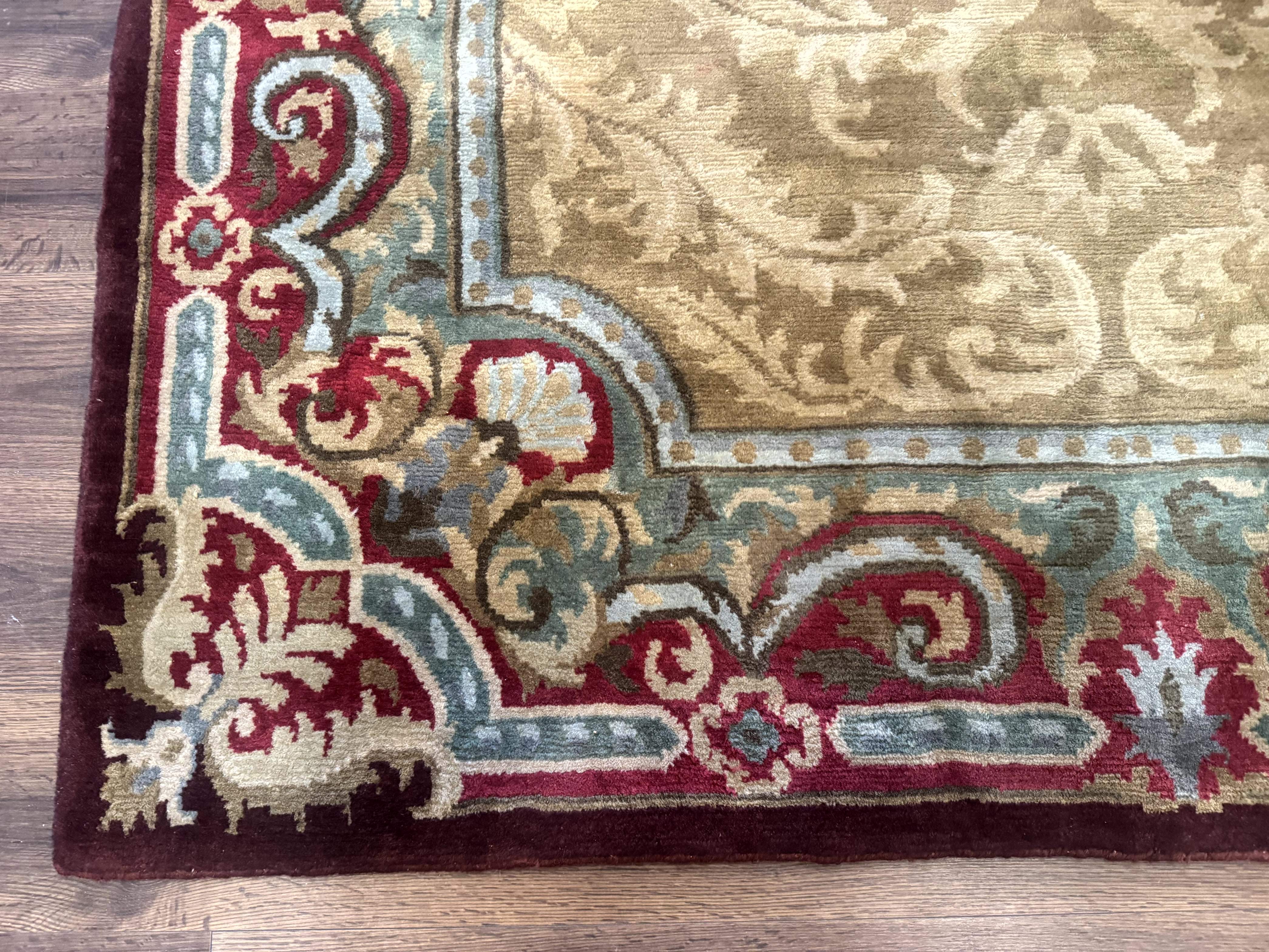 Tibetan Aubusson Rug 6x9, Gold-Beige, Soft Wool Pile, Handmade - Jewel Rugs