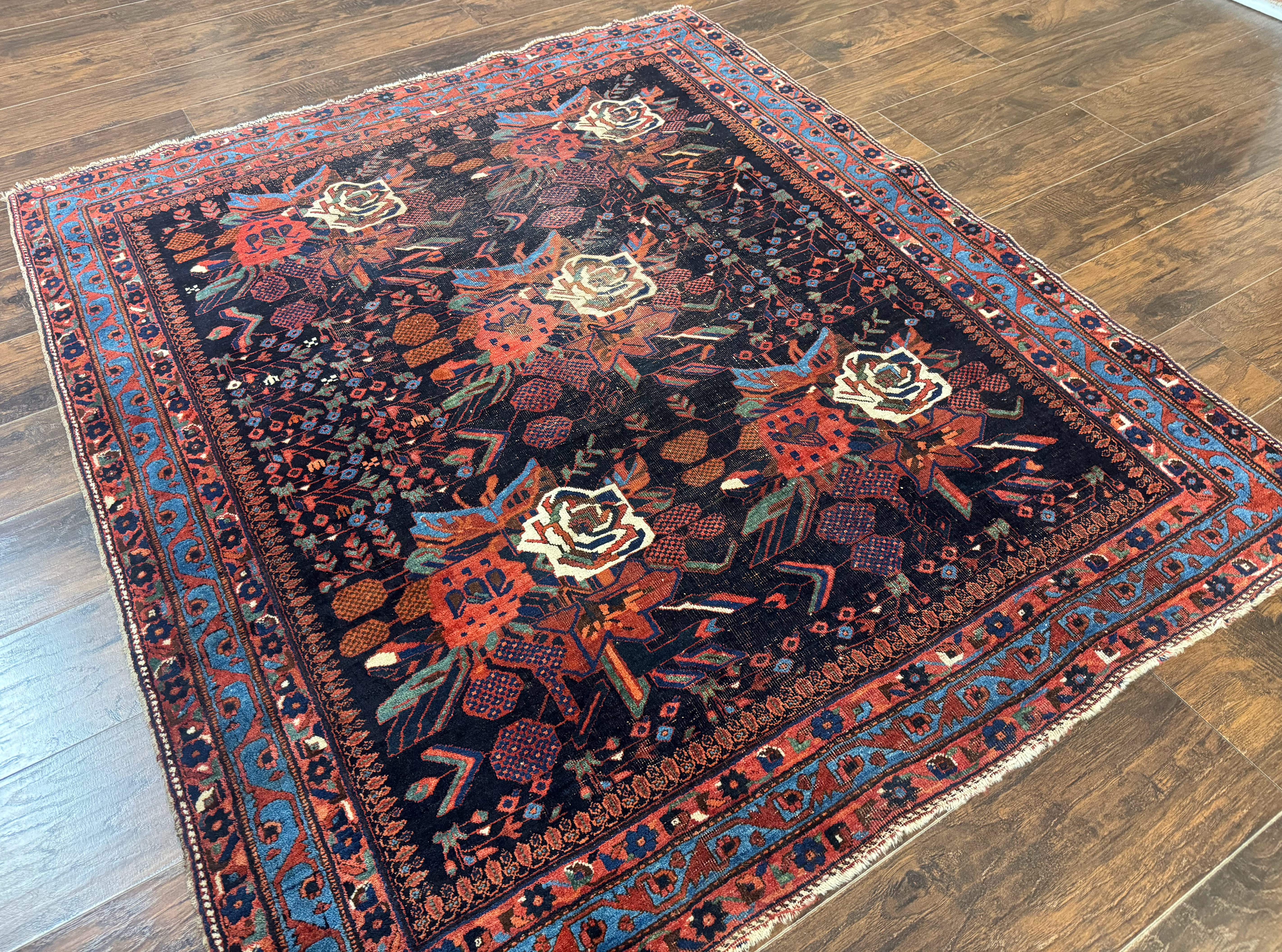Persian Afshar Tribal Rug 5x6 – Navy and Red, Hand-Knotted Wool, Antique Carpet, Floral - Jewel Rugs