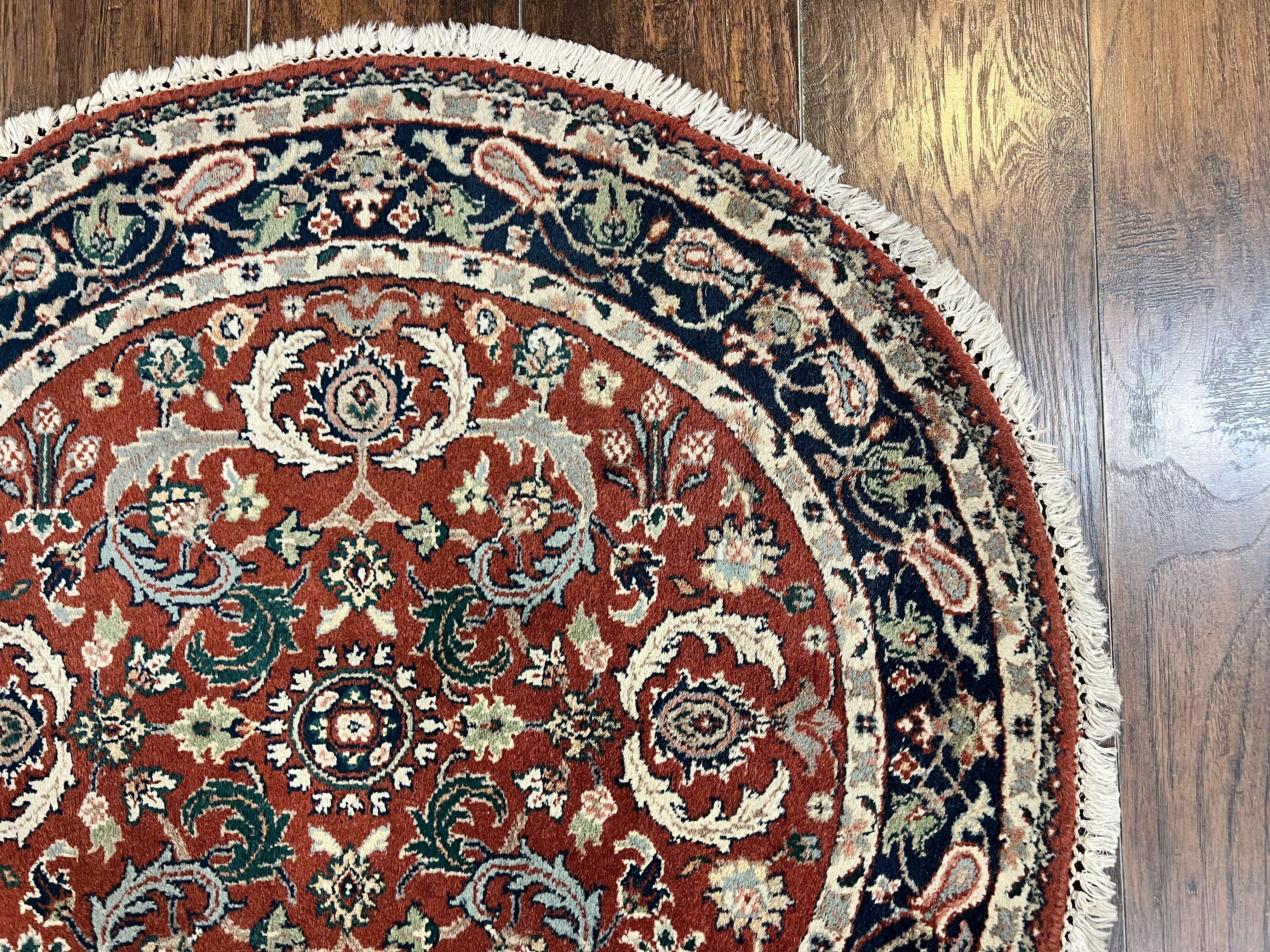 Round Rug 3x3, Indo Persian Oriental Carpet 3ft Round, Small Round Rug, Red Floral Allover Wool Hand Knotted Vintage Traditional Rug - Jewel Rugs