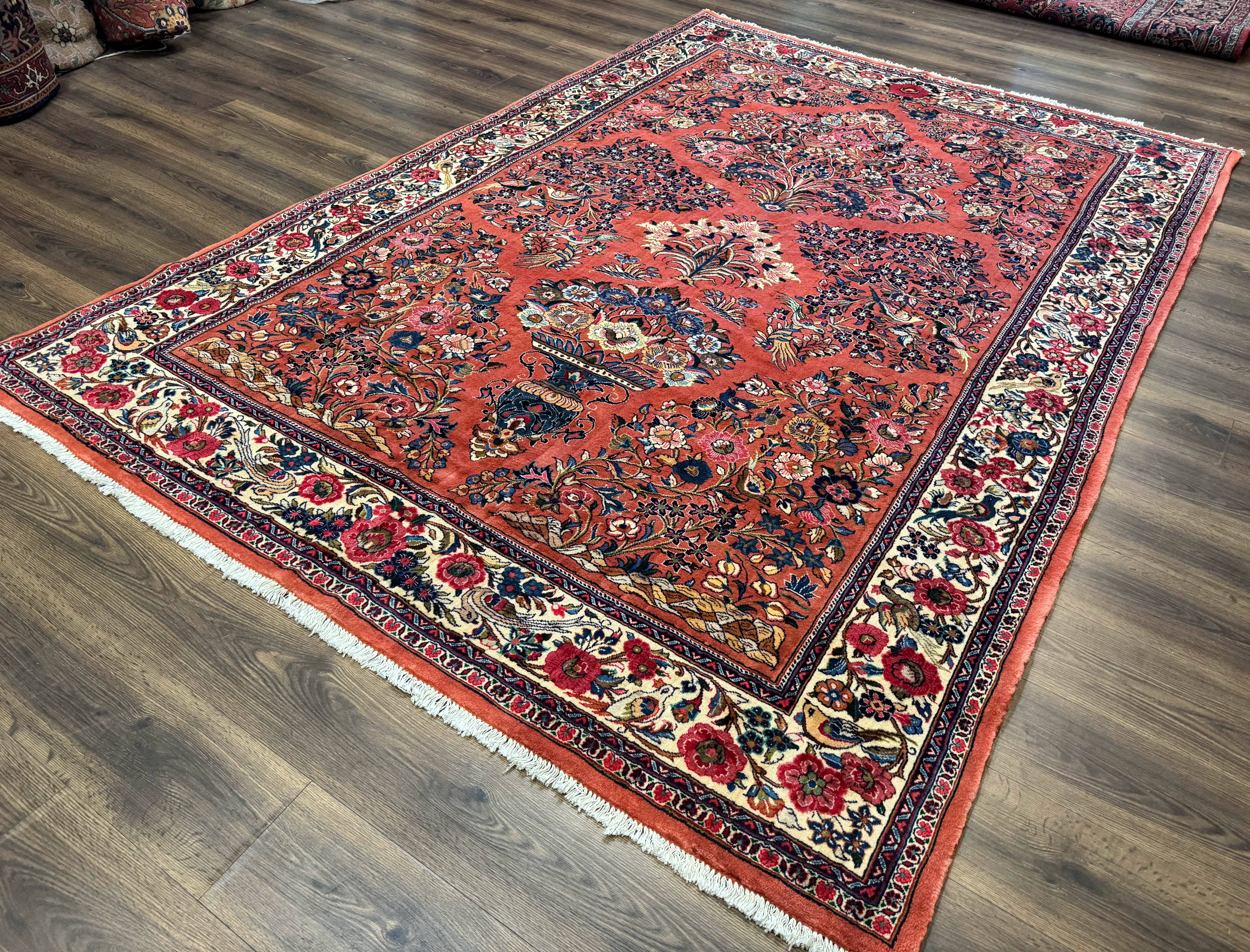 Persian Sarouk Rug 7x10, Red and Ivory, Floral Bouquets, Birds - Jewel Rugs