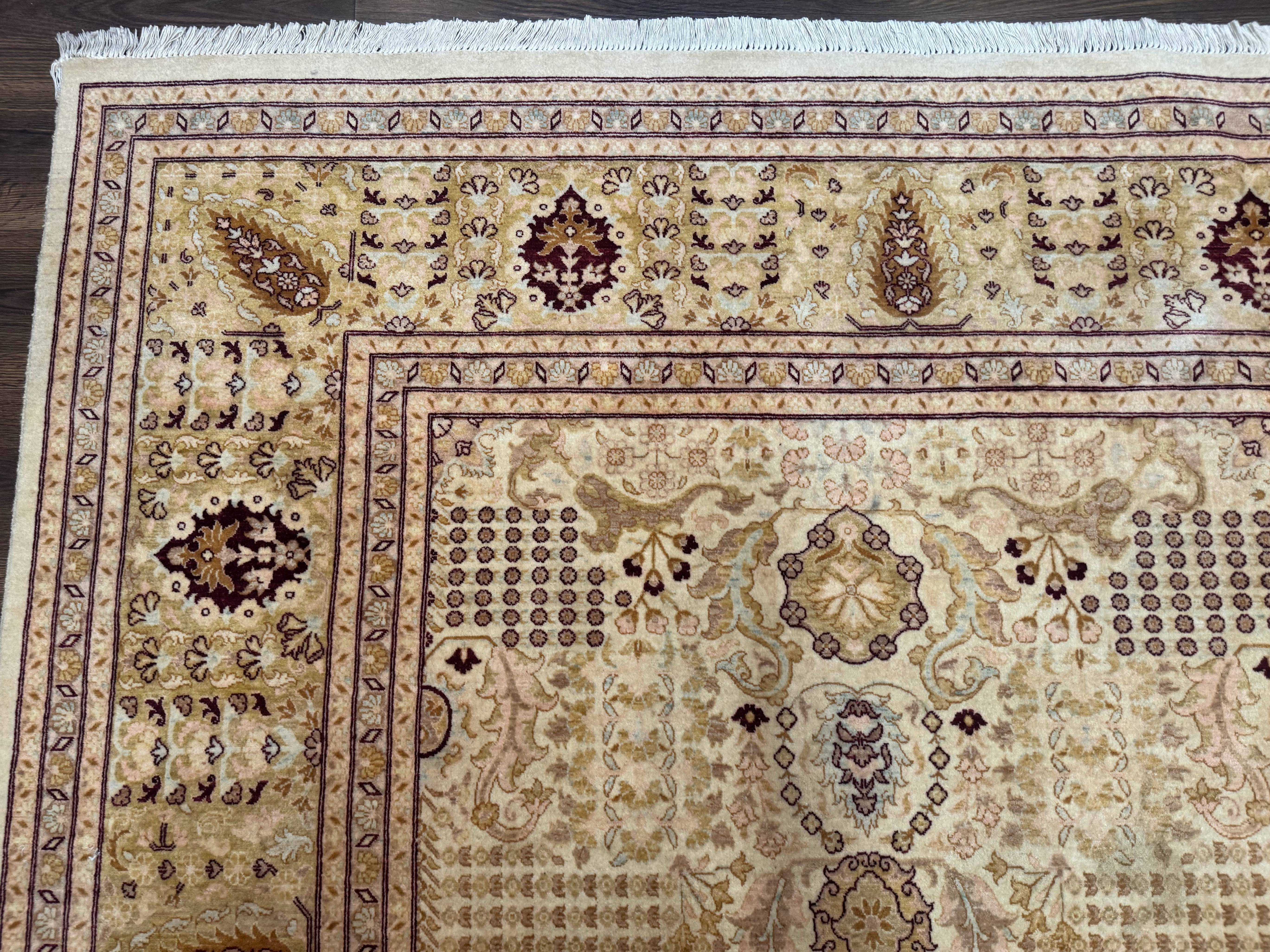 Pakistani Carpet 9x12, Finely Hand Knotted 270 KPSI, Cream, Allover Pattern - Jewel Rugs