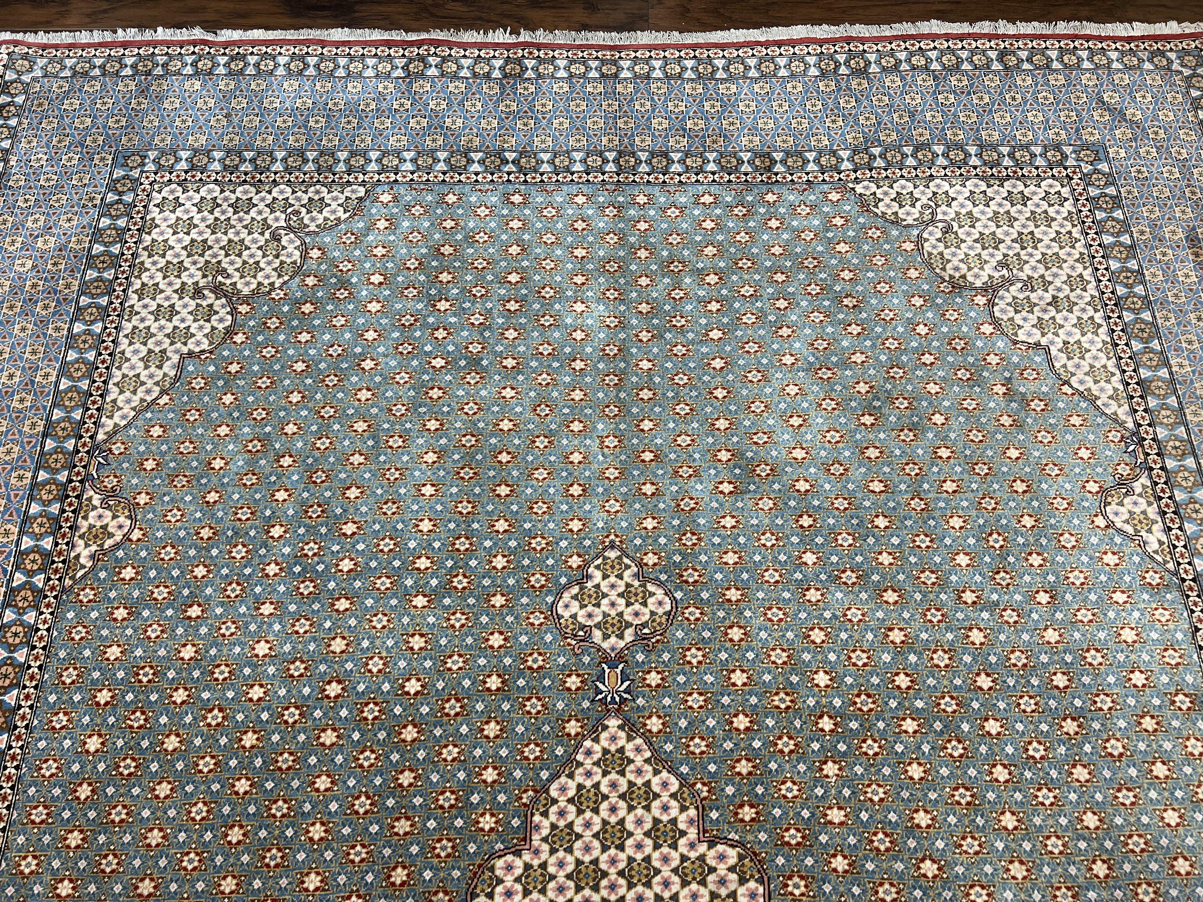 Rare Persian Rug 8x12, Qum Rug, Repeated Star Motifs, Blue and Ivory, Fine 300 KPSI, Hand Knotted Handmade Vintage Wool Rug - Jewel Rugs