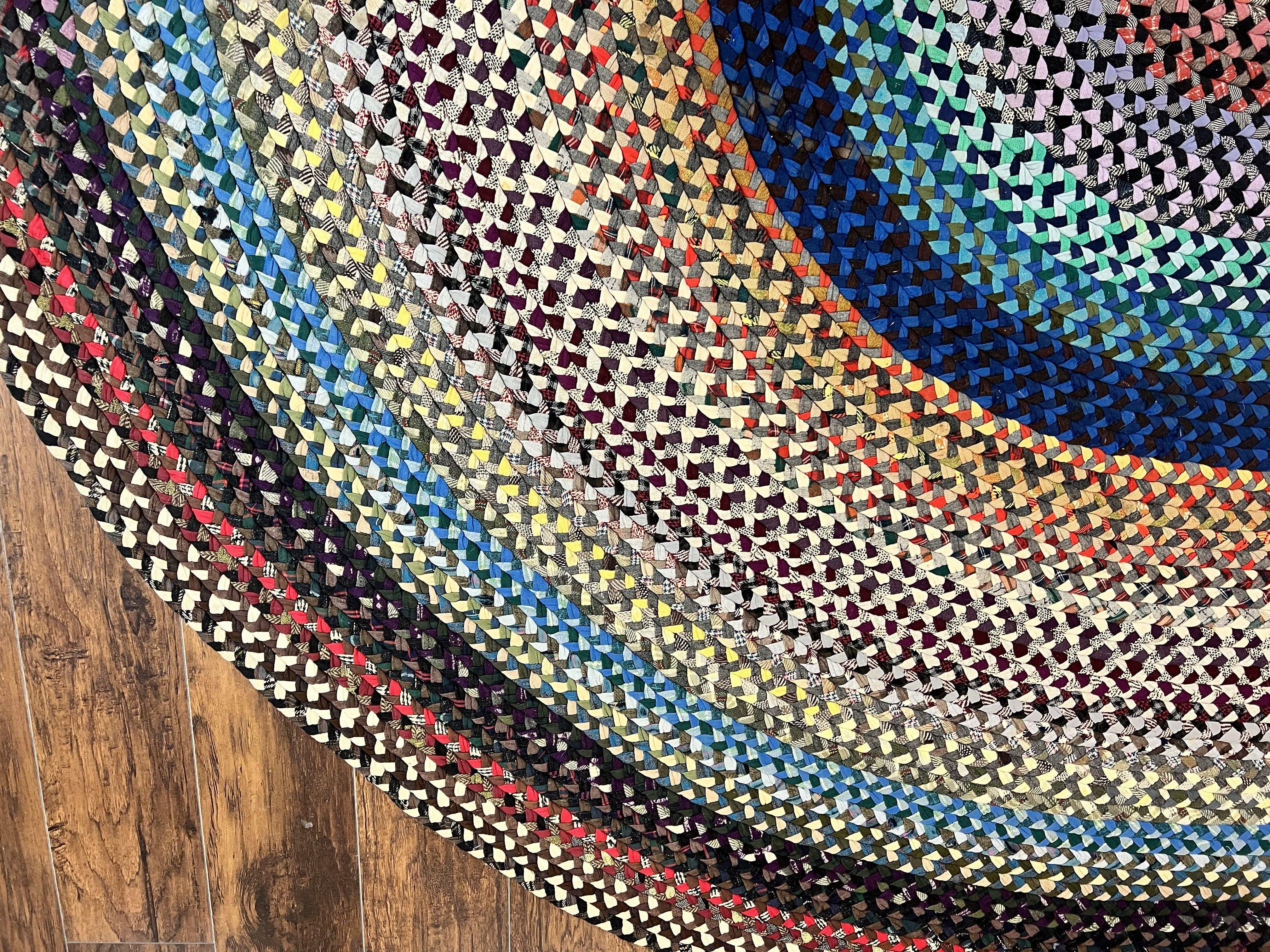 Large American Braided Rug 10x13, Colorful Wool Hand Braided Vintage Mid Century Braided Carpet, Large Multicolor Oval Braided Rug 10 x 13 - Jewel Rugs