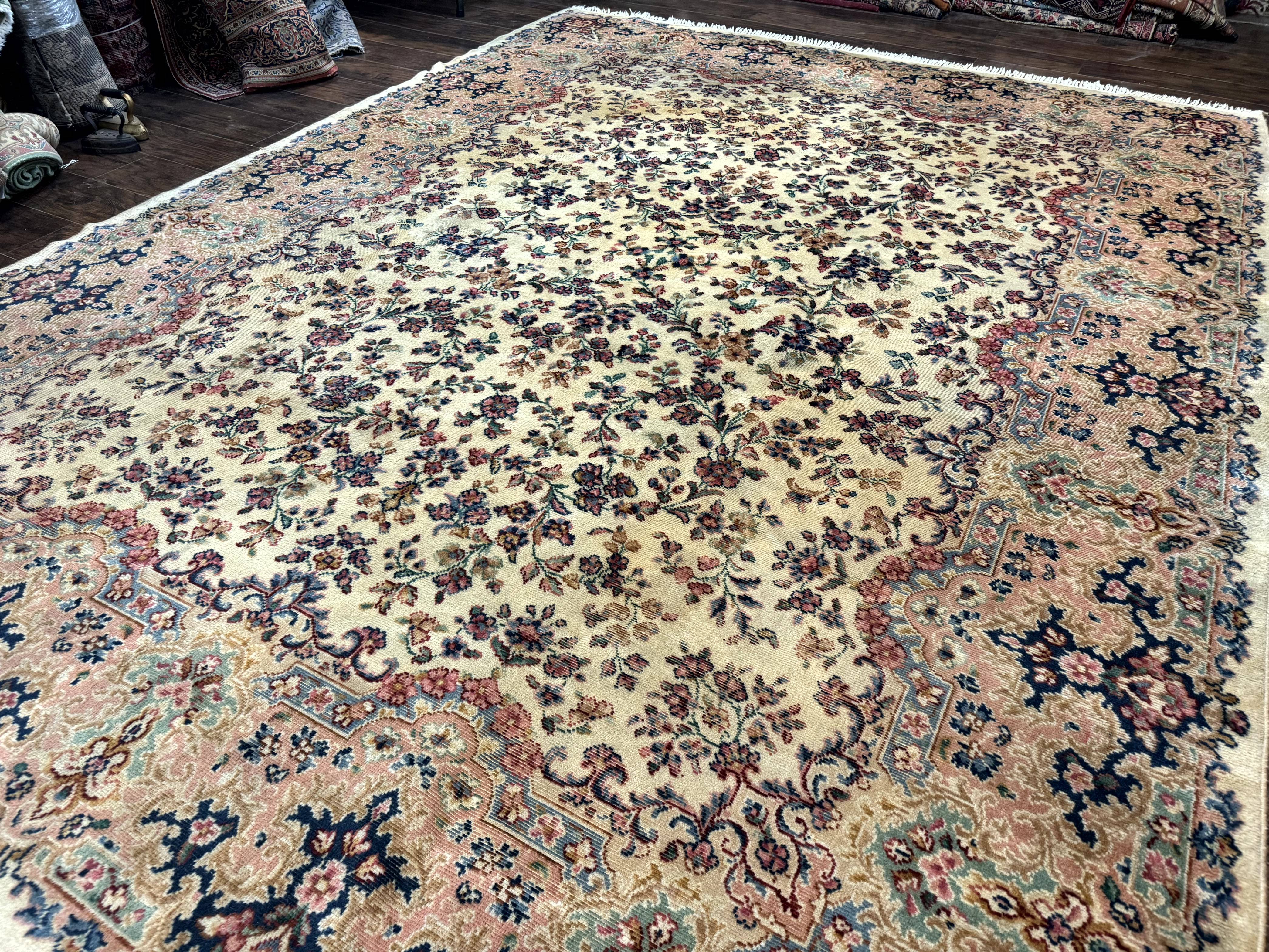 Antique Karastan Rug 8.8 x 12 Lanamar Floral Ivory Kirman Wool Discontinued - Jewel Rugs