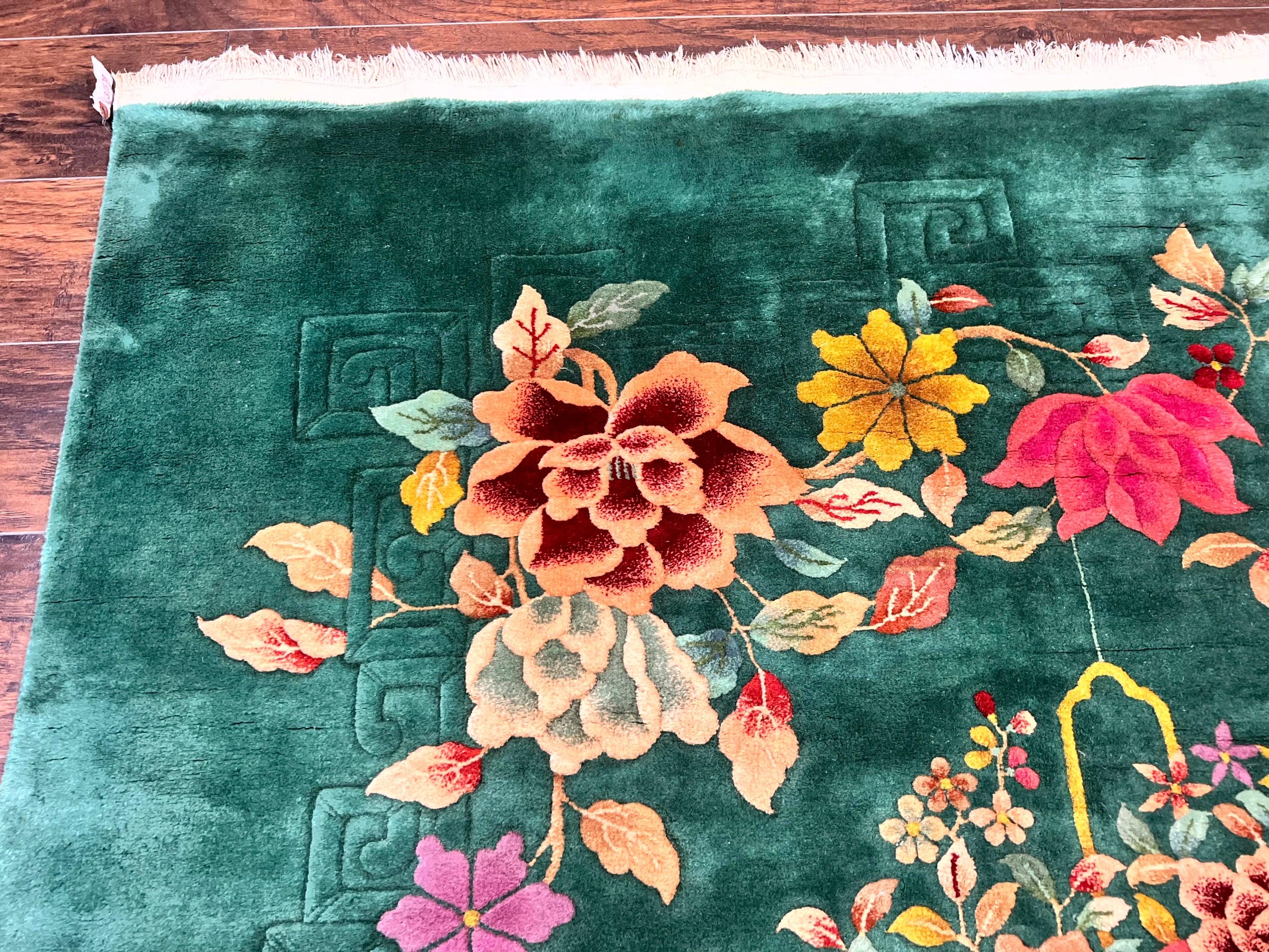 Green Chinese Art Deco Rug 9 x 11.6, Simple Design, Floral, Chinese Wool Carpet, Vintage Semi Antique, Nichols Rug, Handmade - Jewel Rugs
