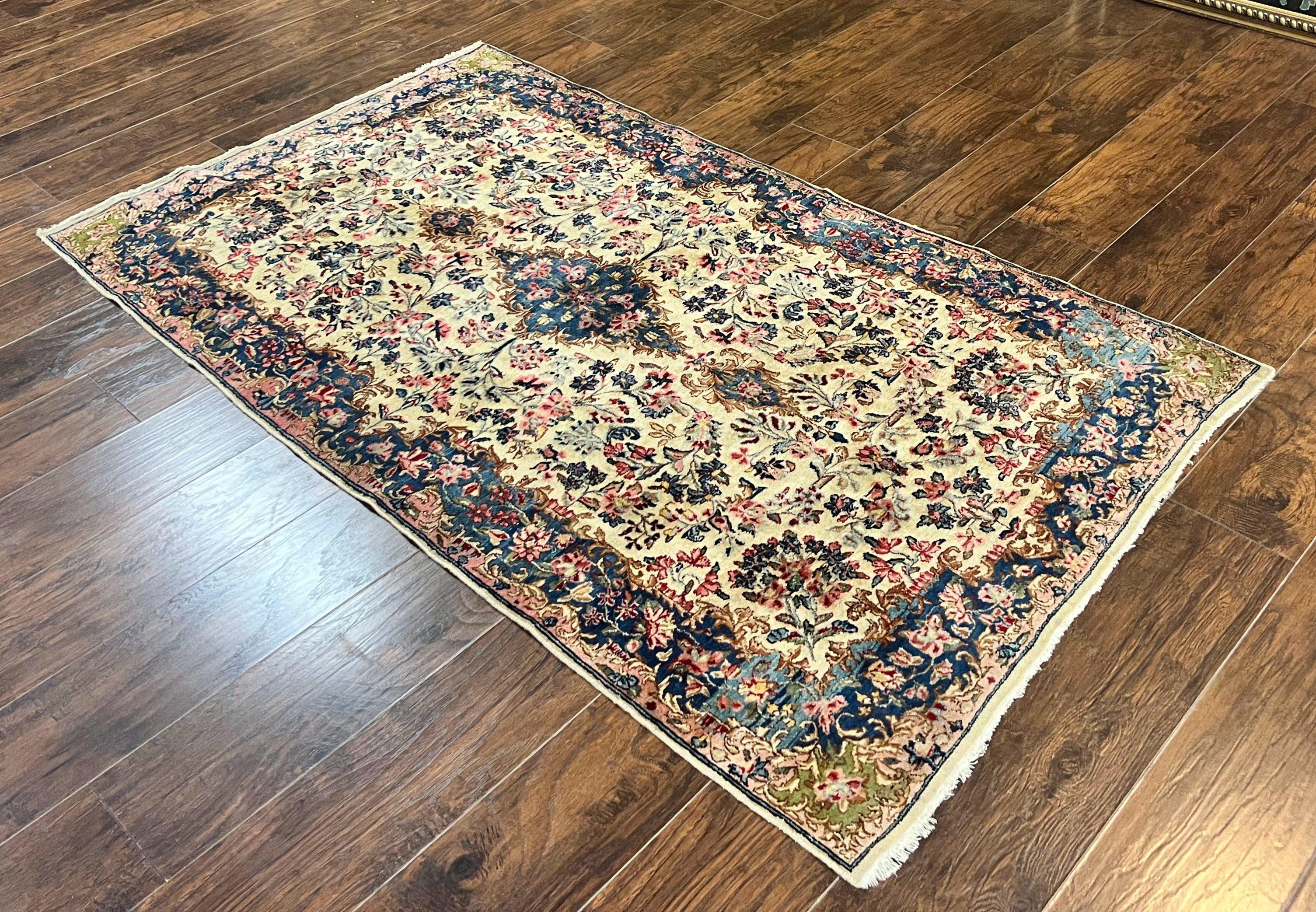 Antique Persian Kirman Rug 4x7, Cream and Navy Blue, Hand Knotted Wool Floral Carpet - Jewel Rugs